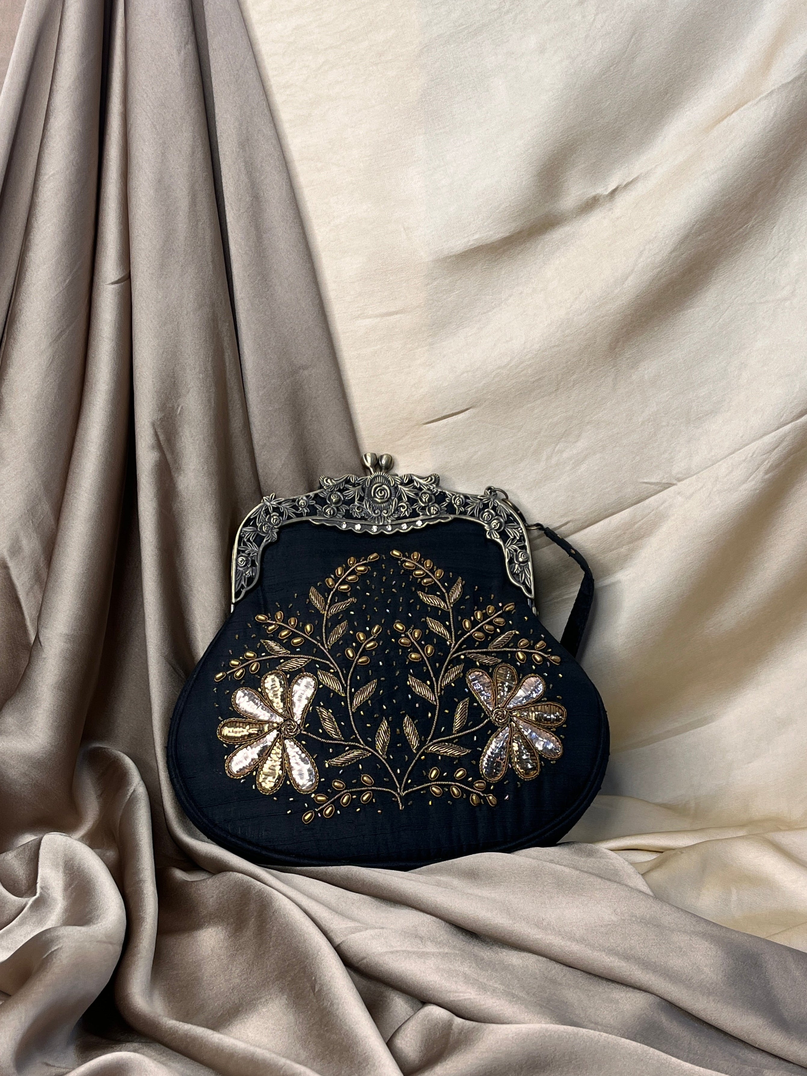 Black Chikankari and Zardozi Potli Bag