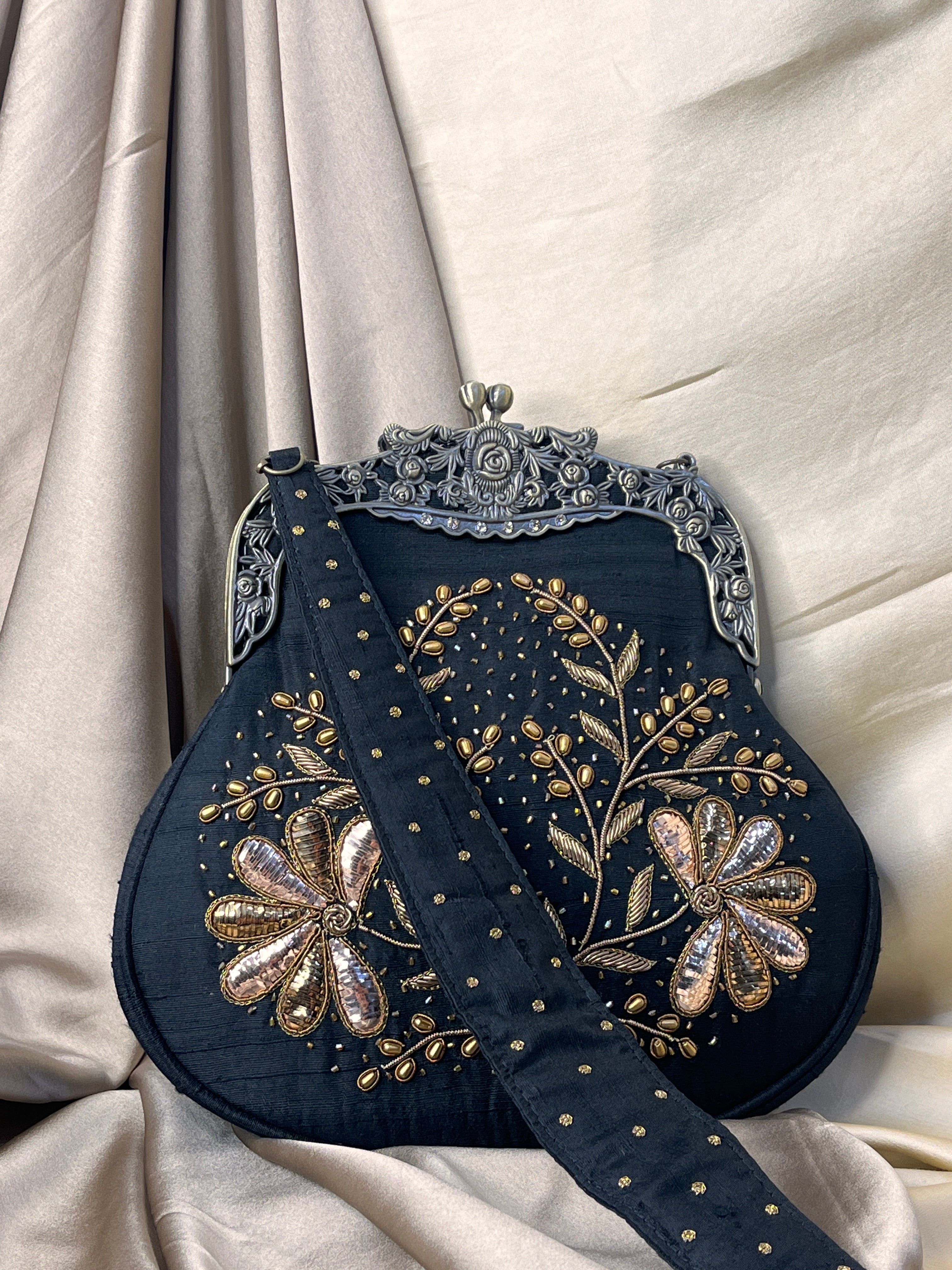 Black Chikankari and Zardozi Potli Bag