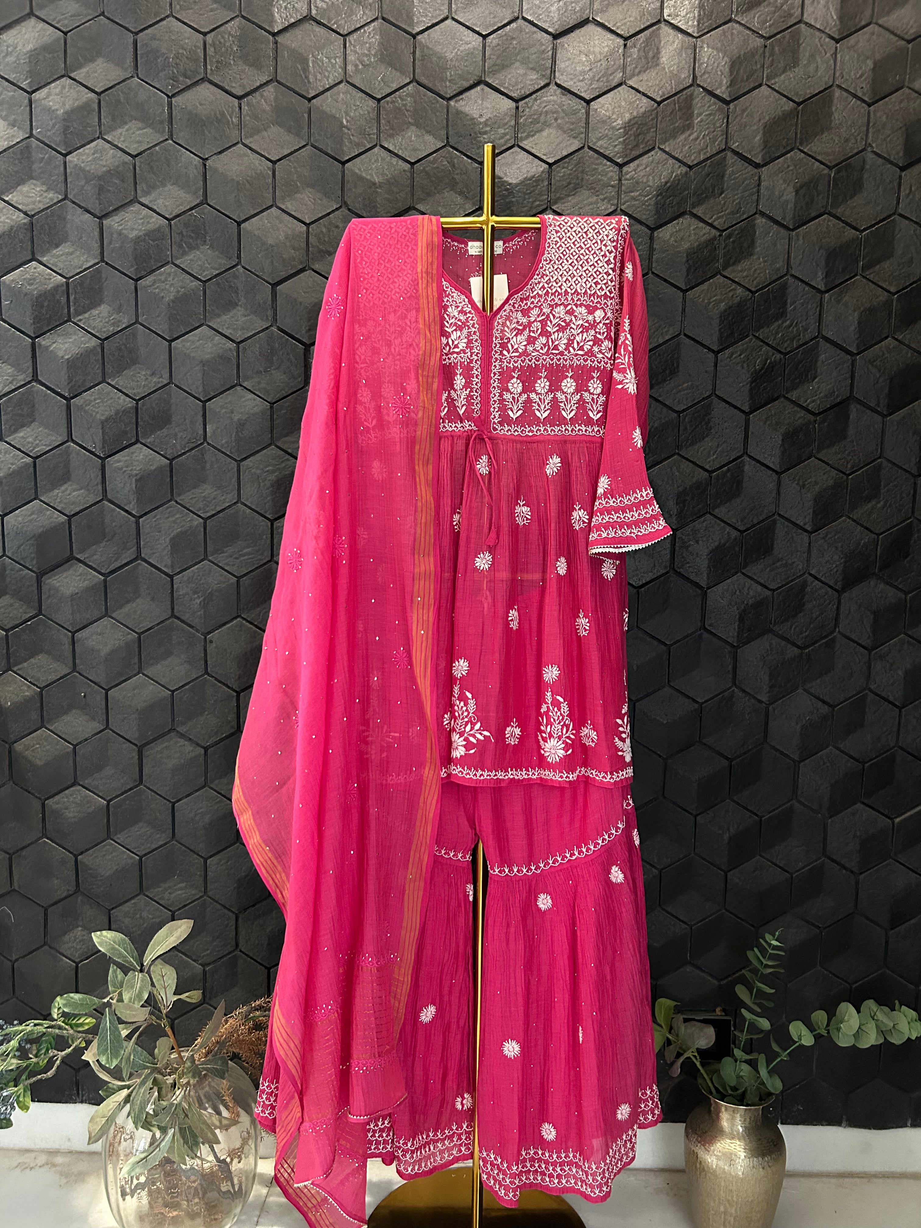 Magenta Mul Chanderi Chikankari Garara Set