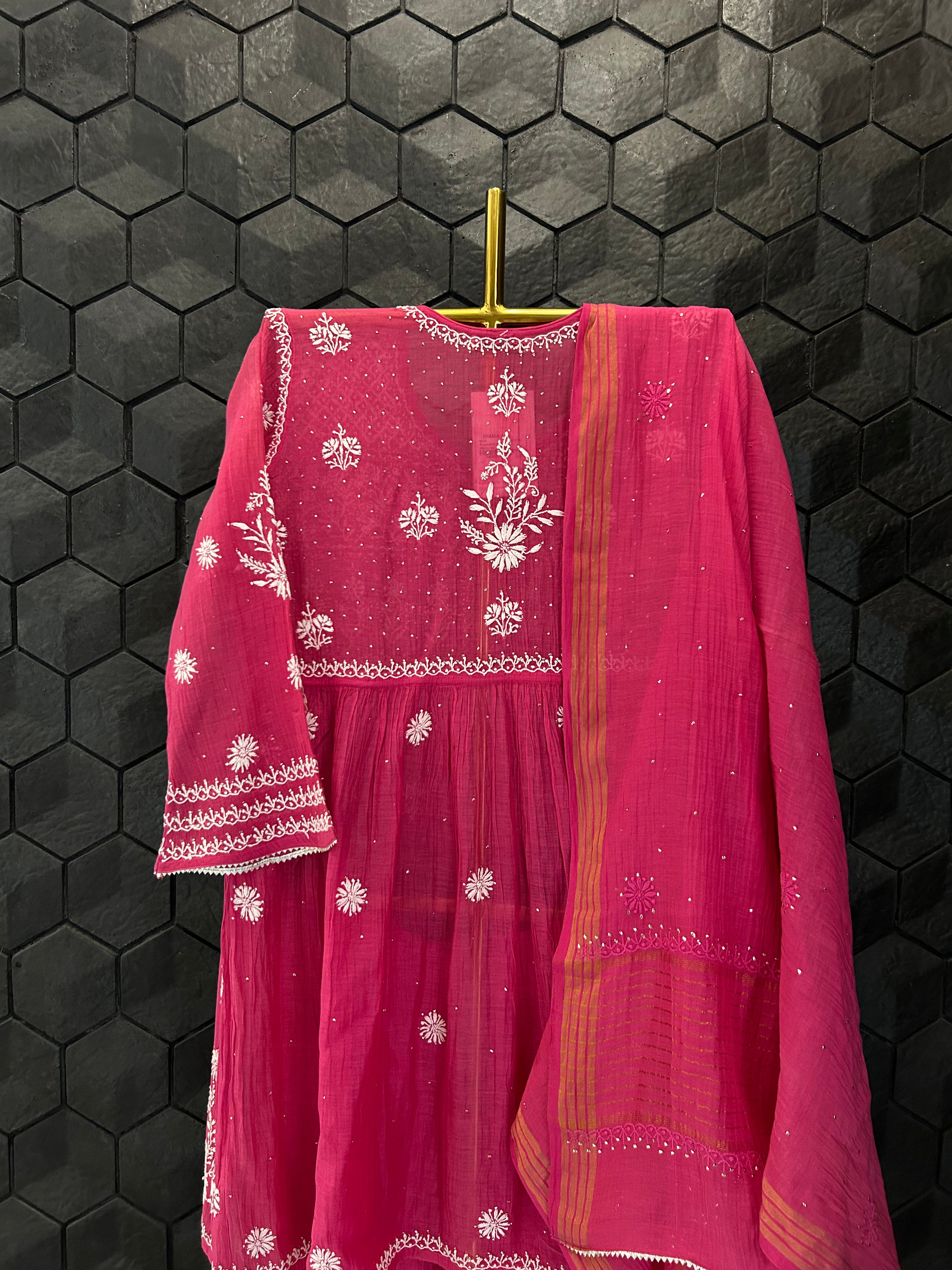 Magenta Mul Chanderi Chikankari Garara Set