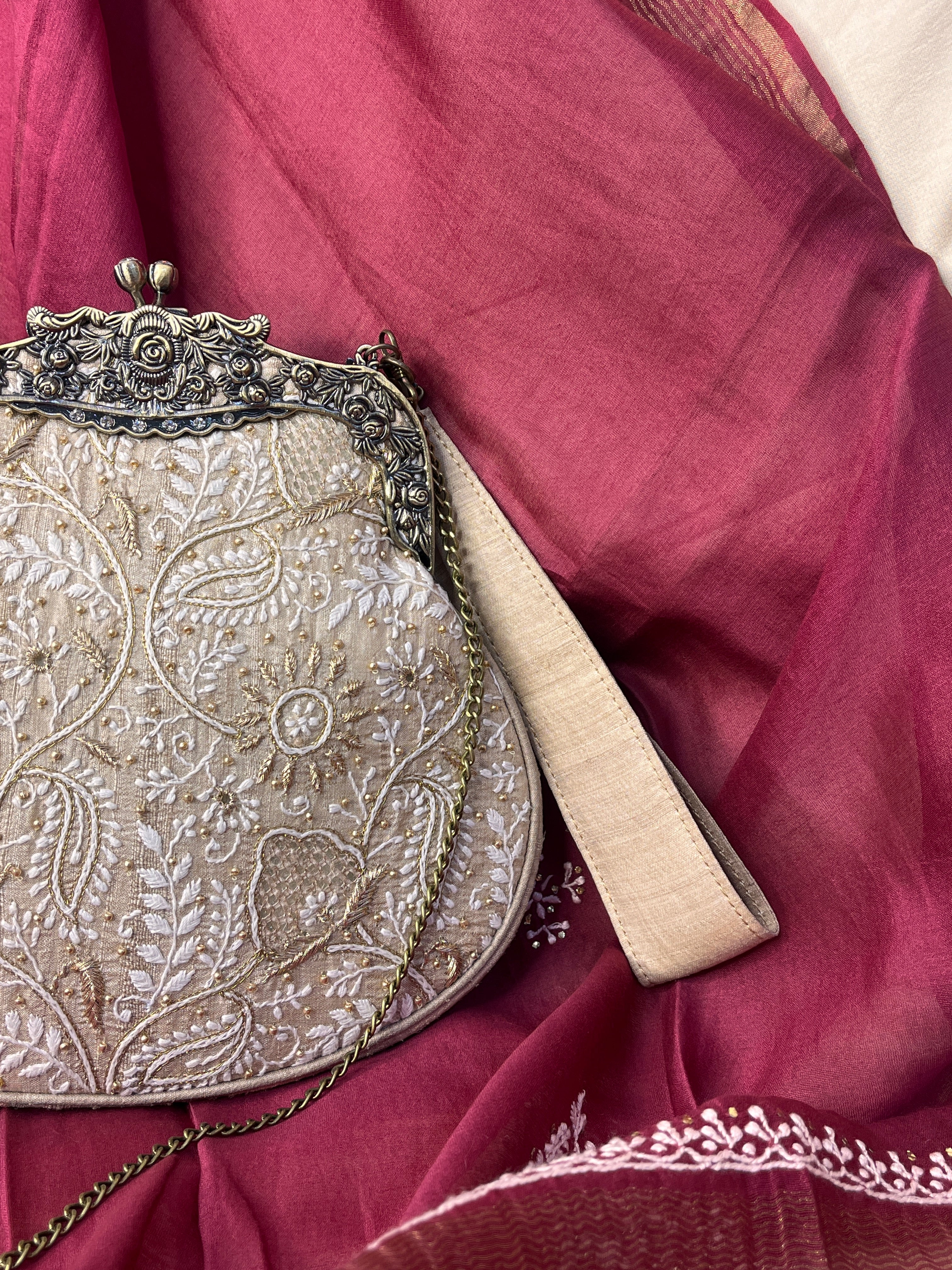 Beige Chikankari & Zardozi Potli
