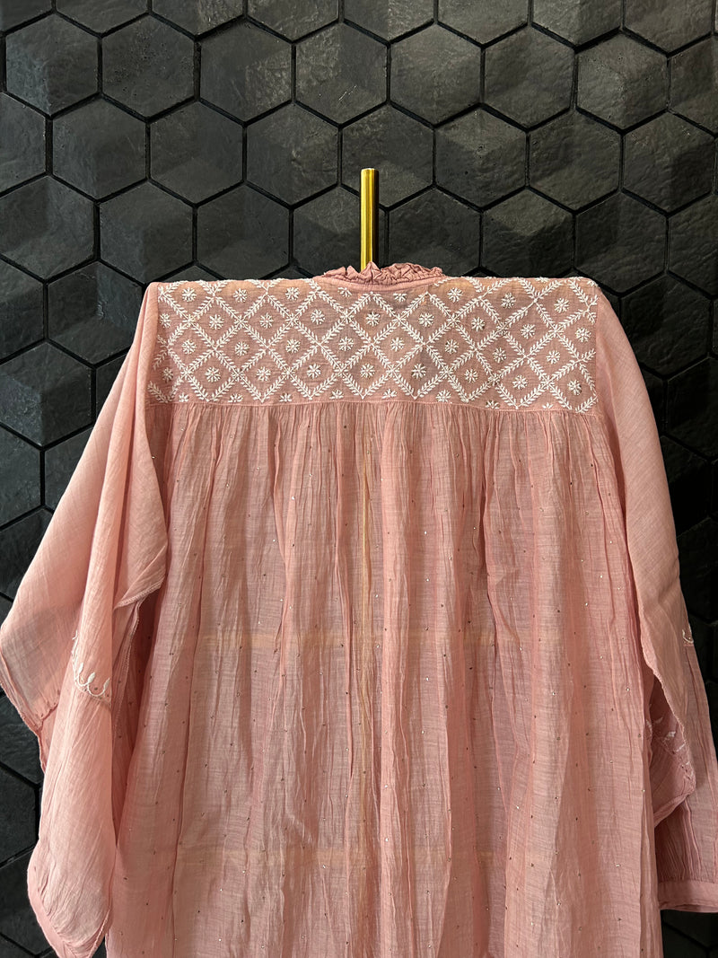 Onion Pink Mul Chanderi Chikankari Shirt