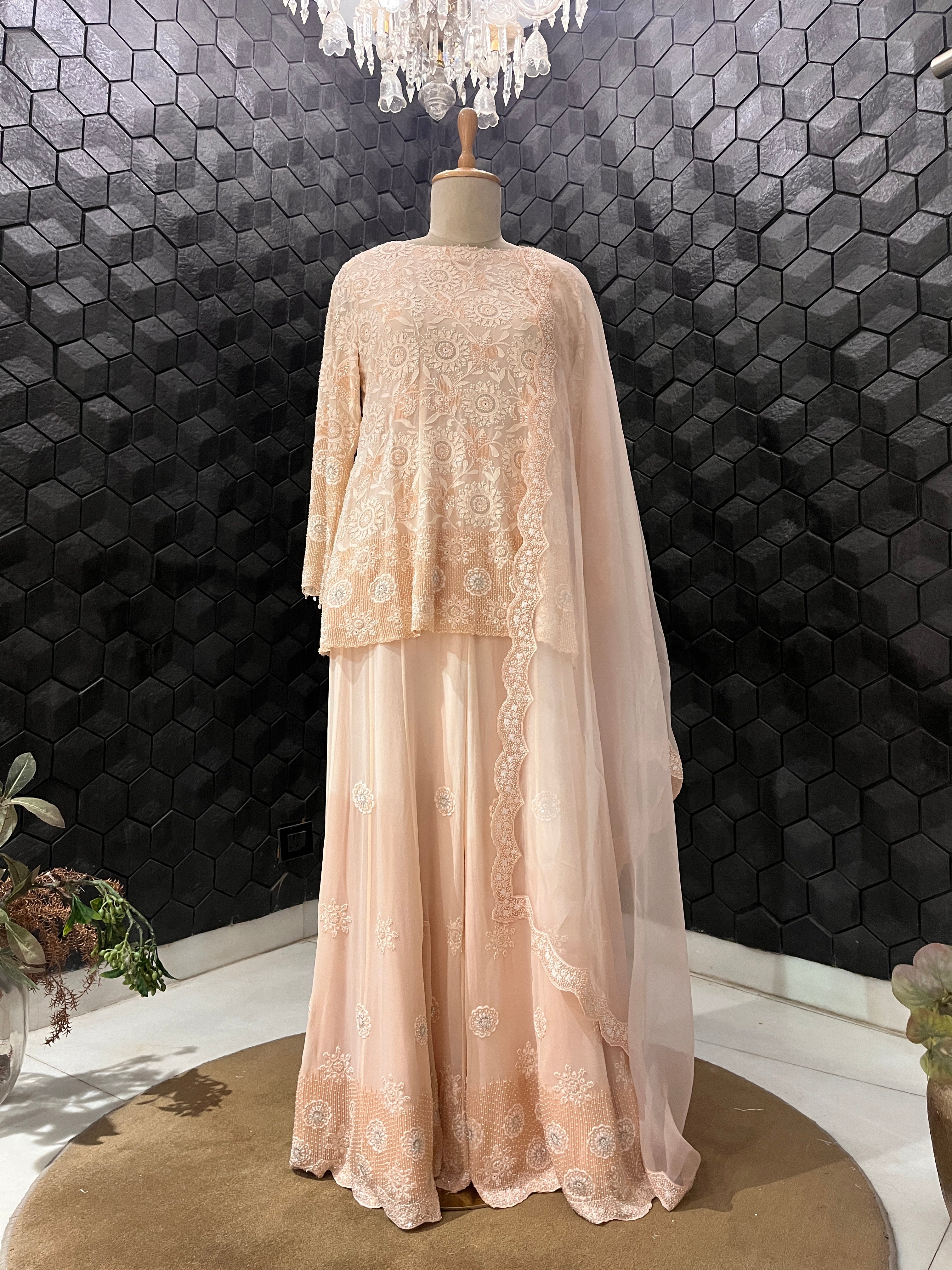 Peach Georgette Floral Sharara Set