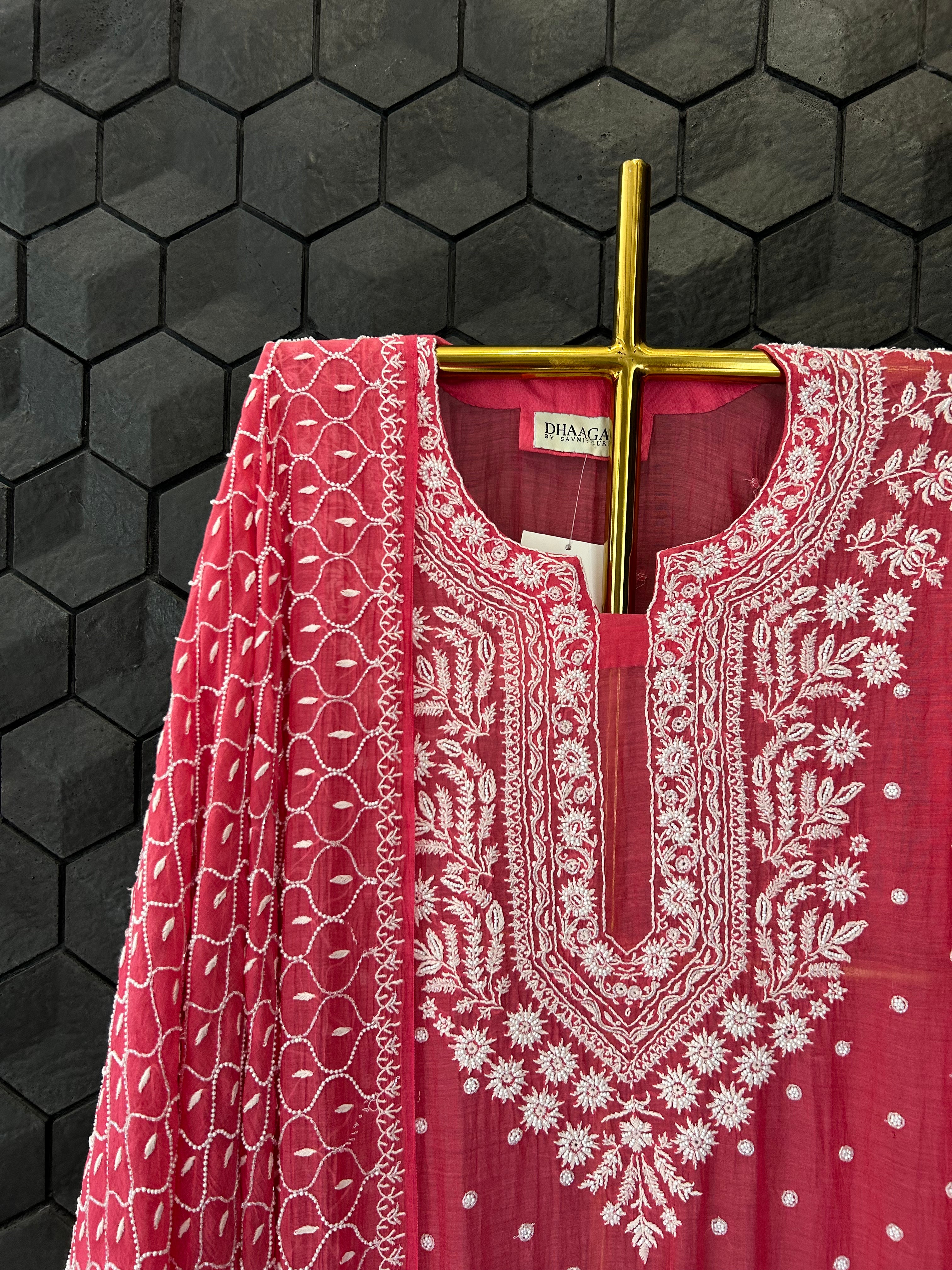 Fuschia Mul Chanderi Chikankari Kurta Set