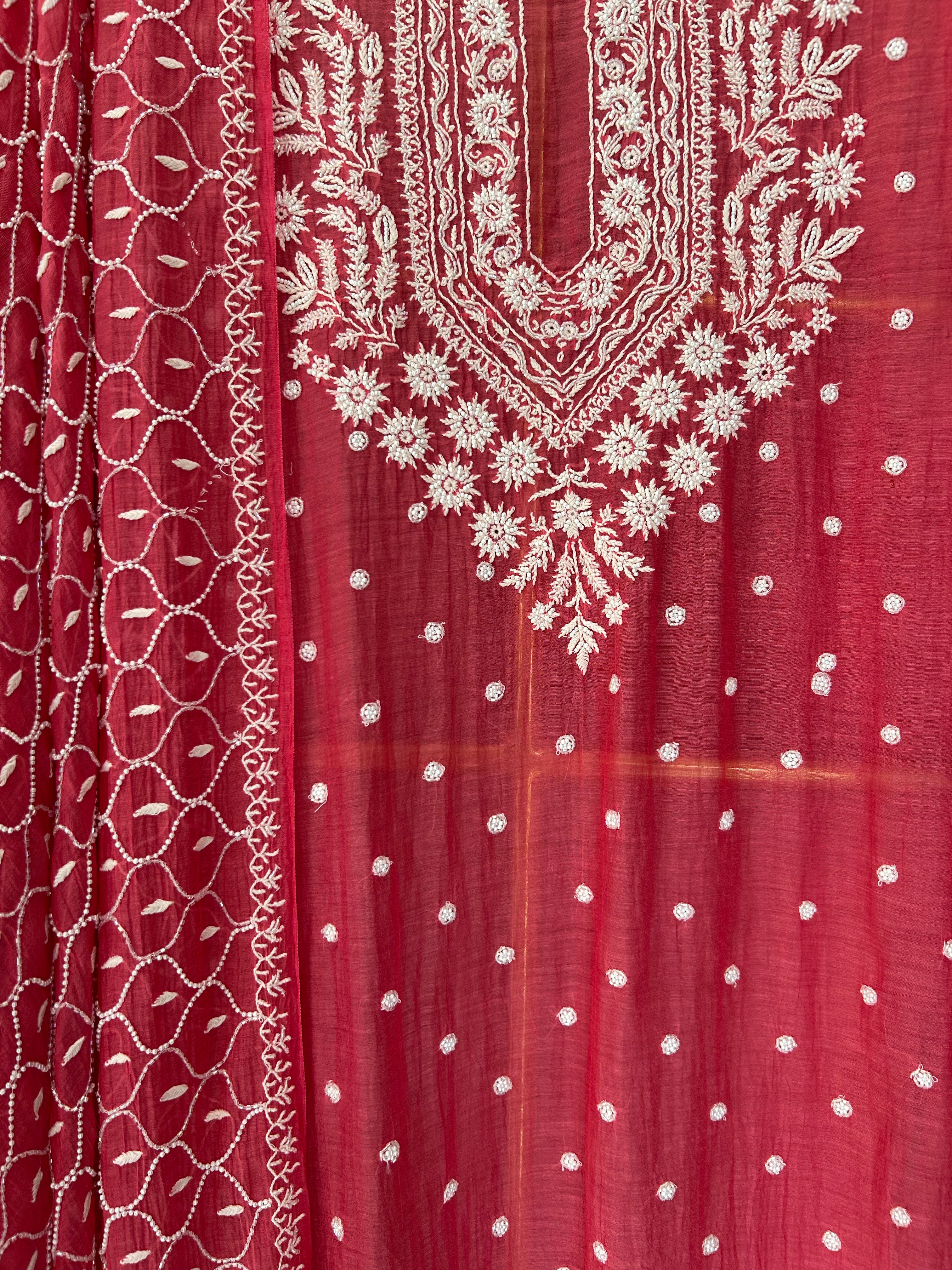 Fuschia Mul Chanderi Chikankari Kurta Set