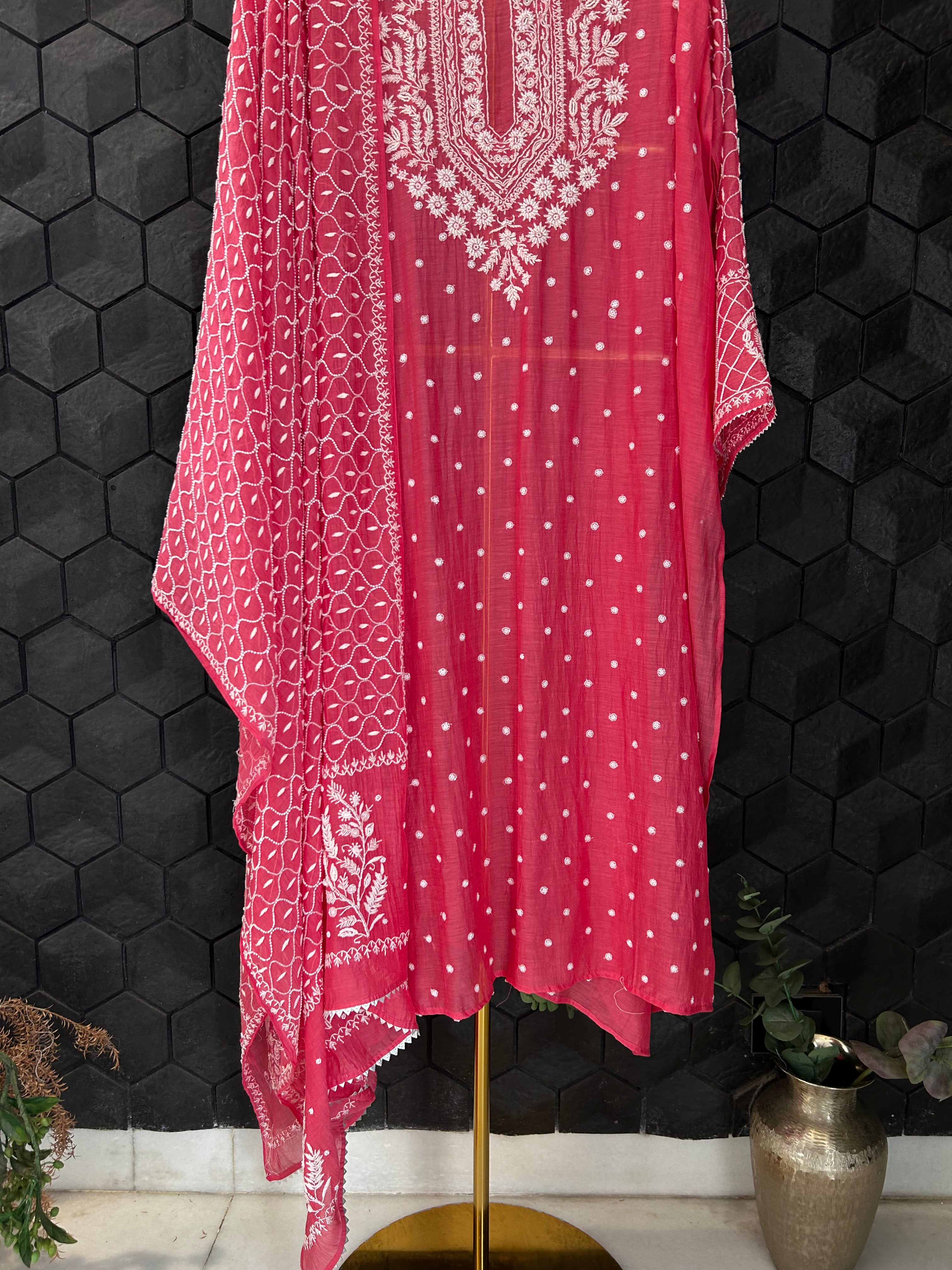 Fuschia Mul Chanderi Chikankari Kurta Set