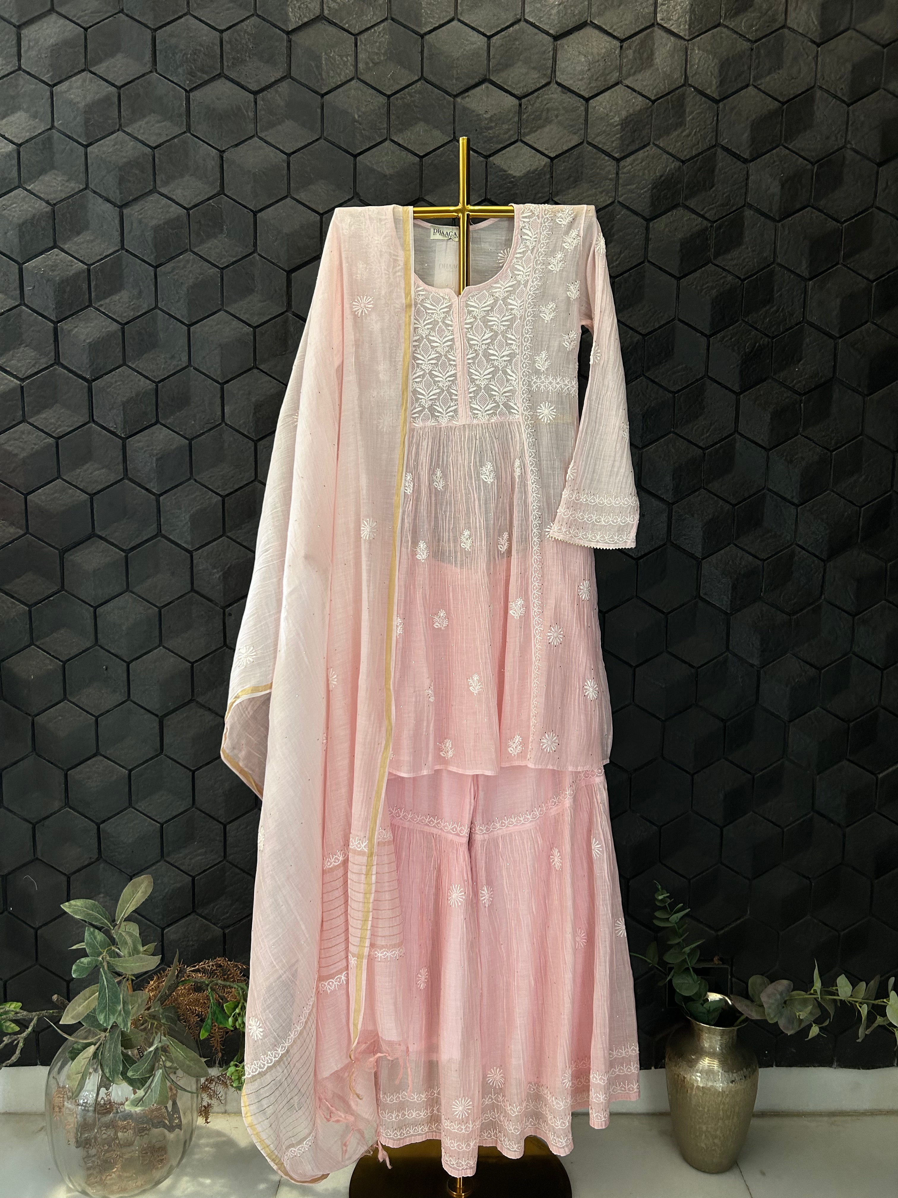 Pink Mul Chanderi Chikankari Garara Set