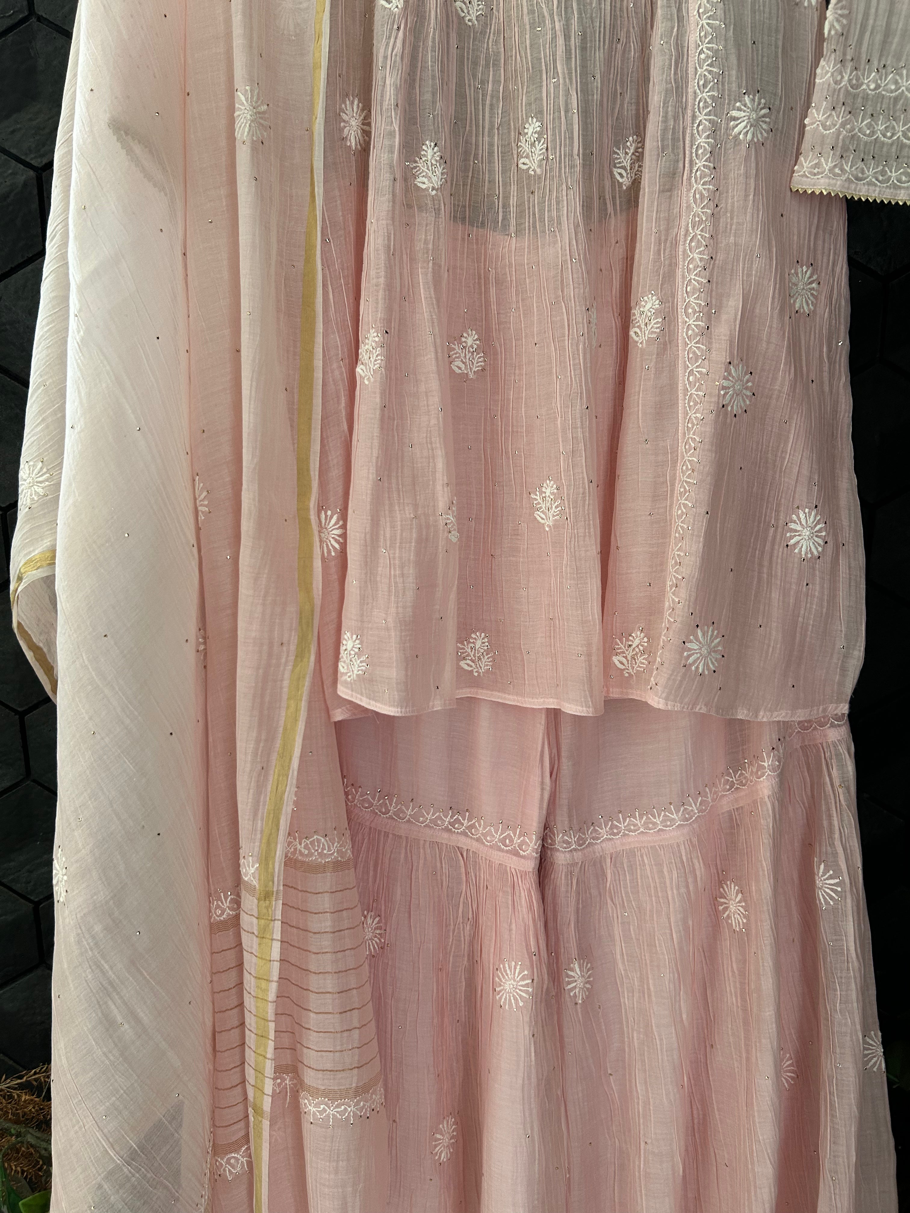 Pink Mul Chanderi Chikankari Garara Set