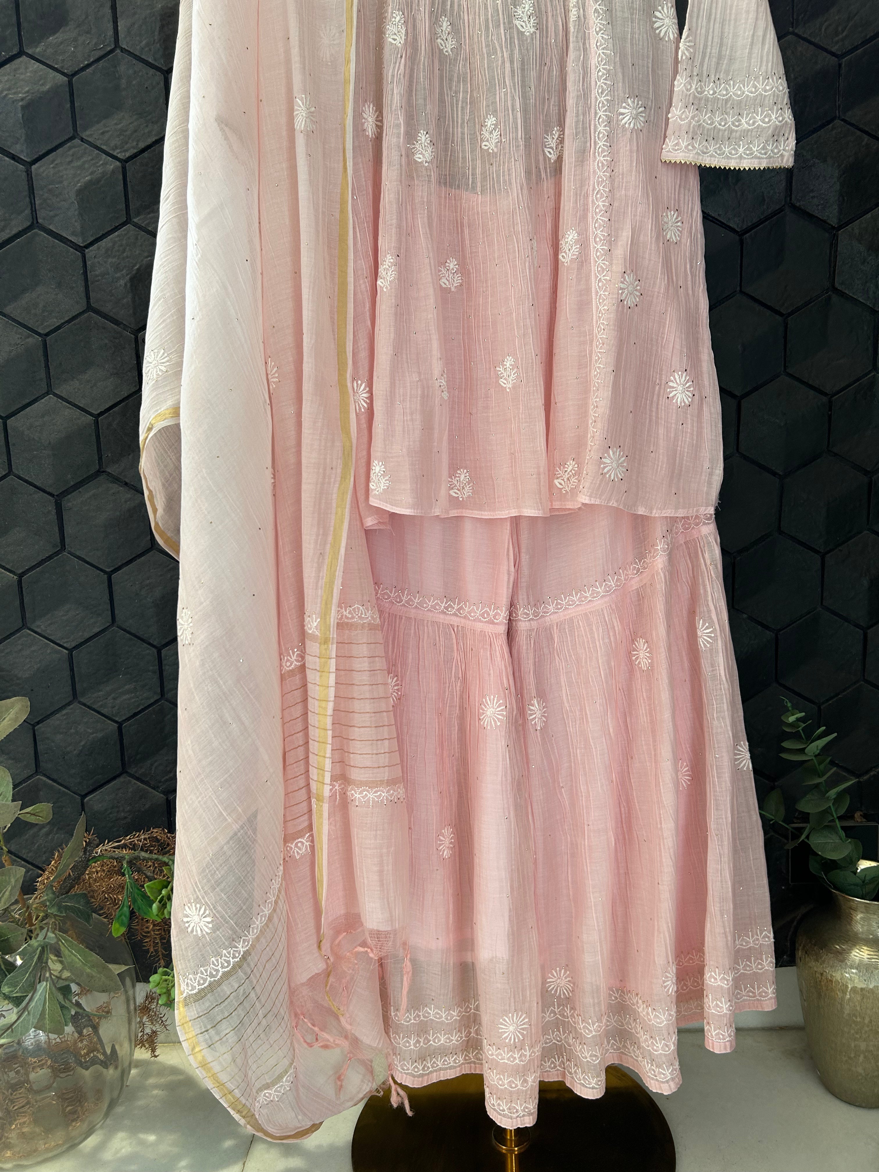 Pink Mul Chanderi Chikankari Garara Set