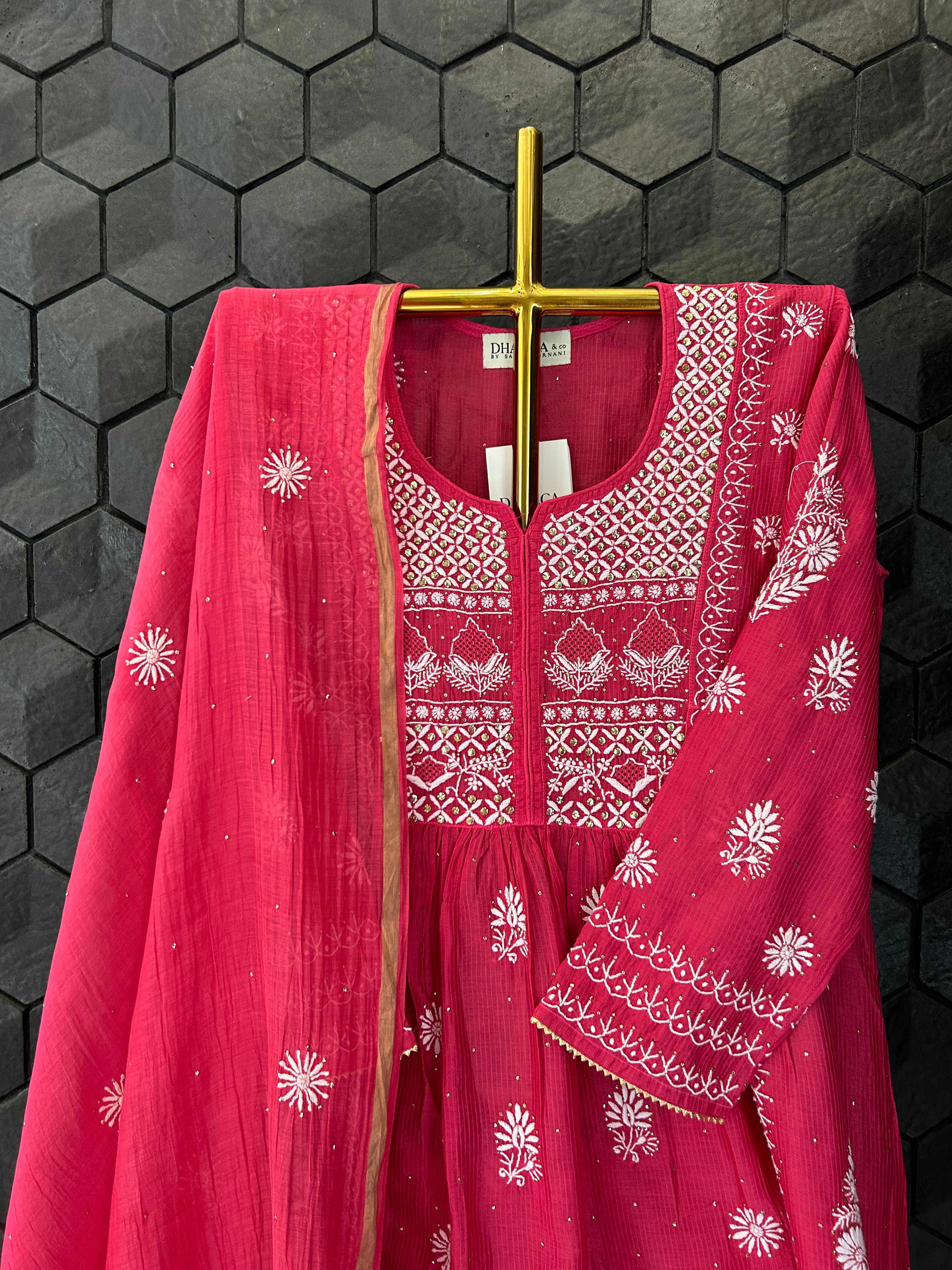 Fuschia Kota Chikankari Garara Set