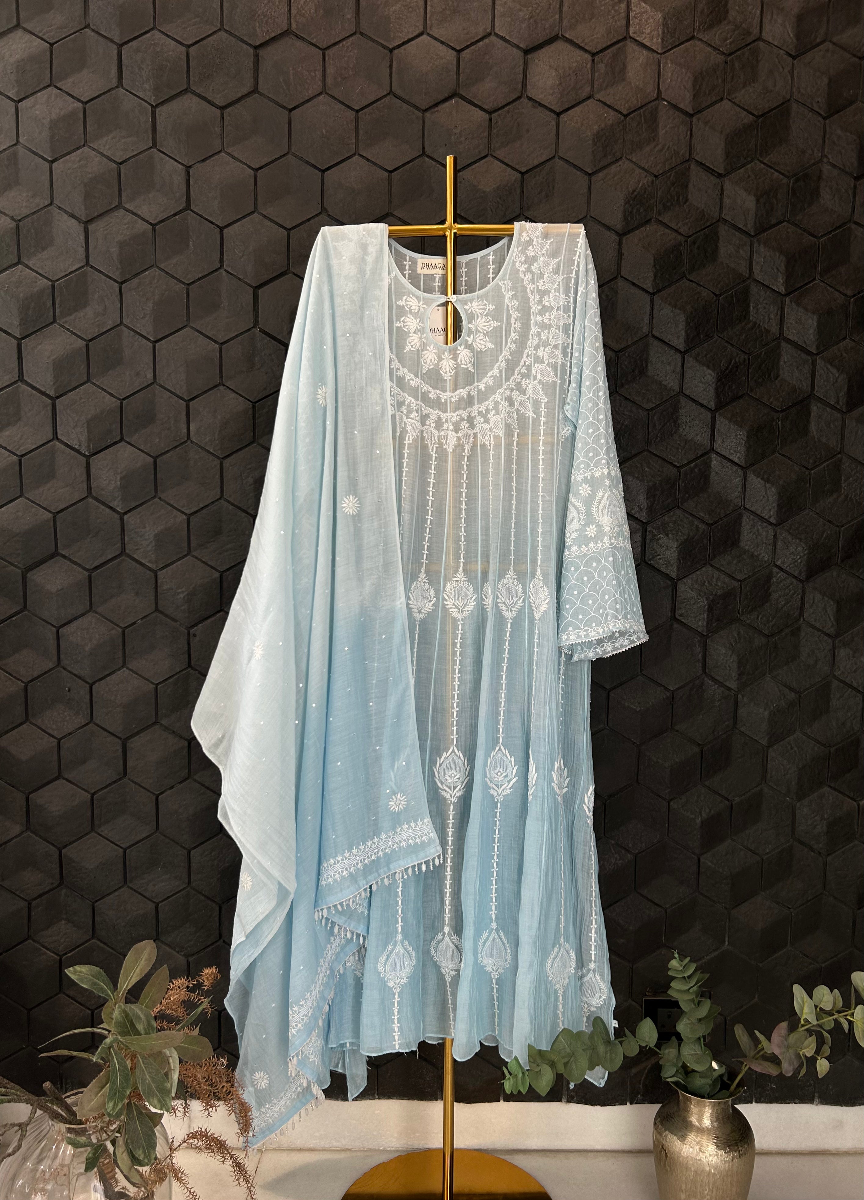 Sky Blue Mul Chanderi Chikankari Anarkali Set