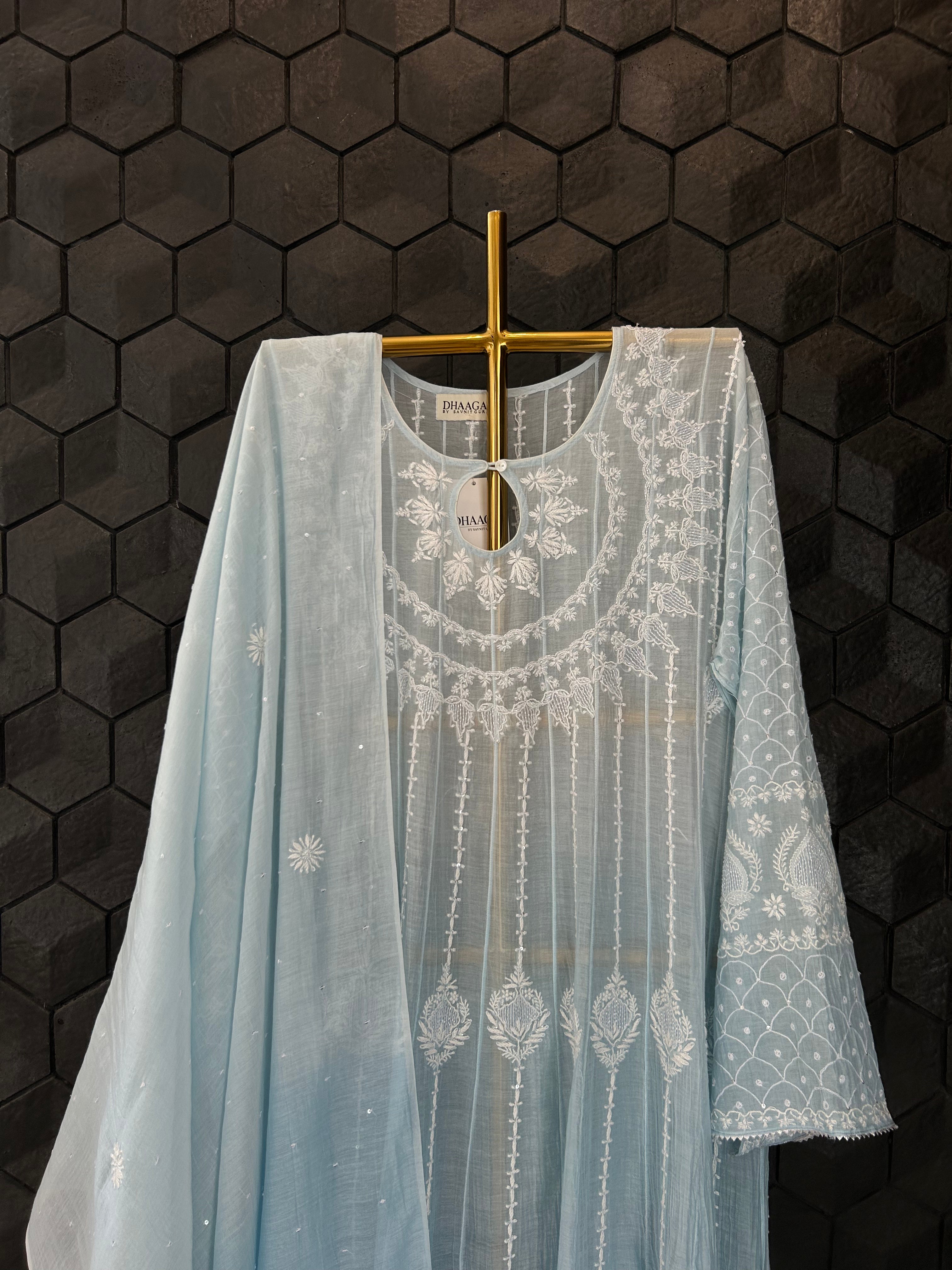 Sky Blue Mul Chanderi Chikankari Anarkali Set