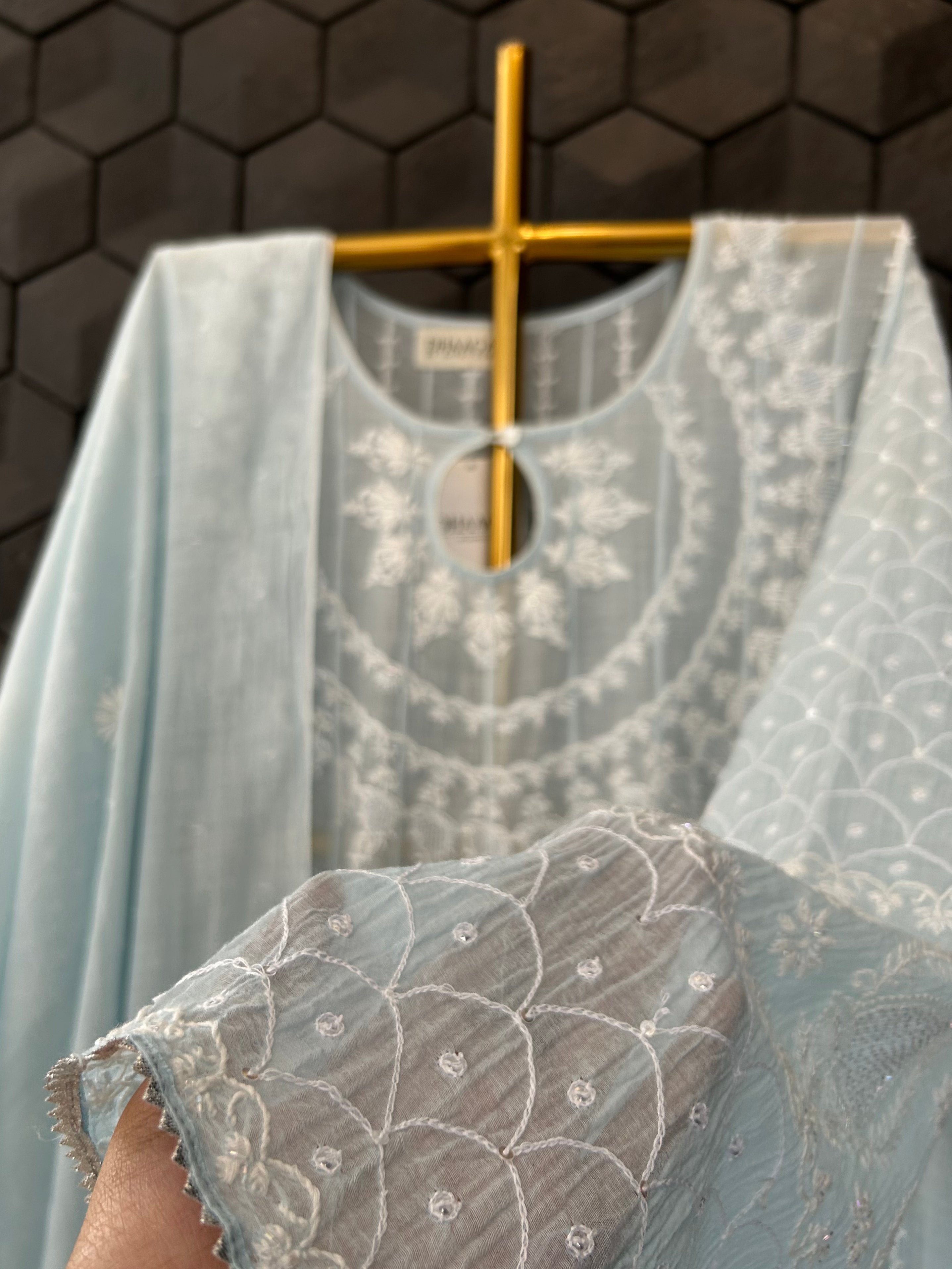 Sky Blue Mul Chanderi Chikankari Anarkali Set