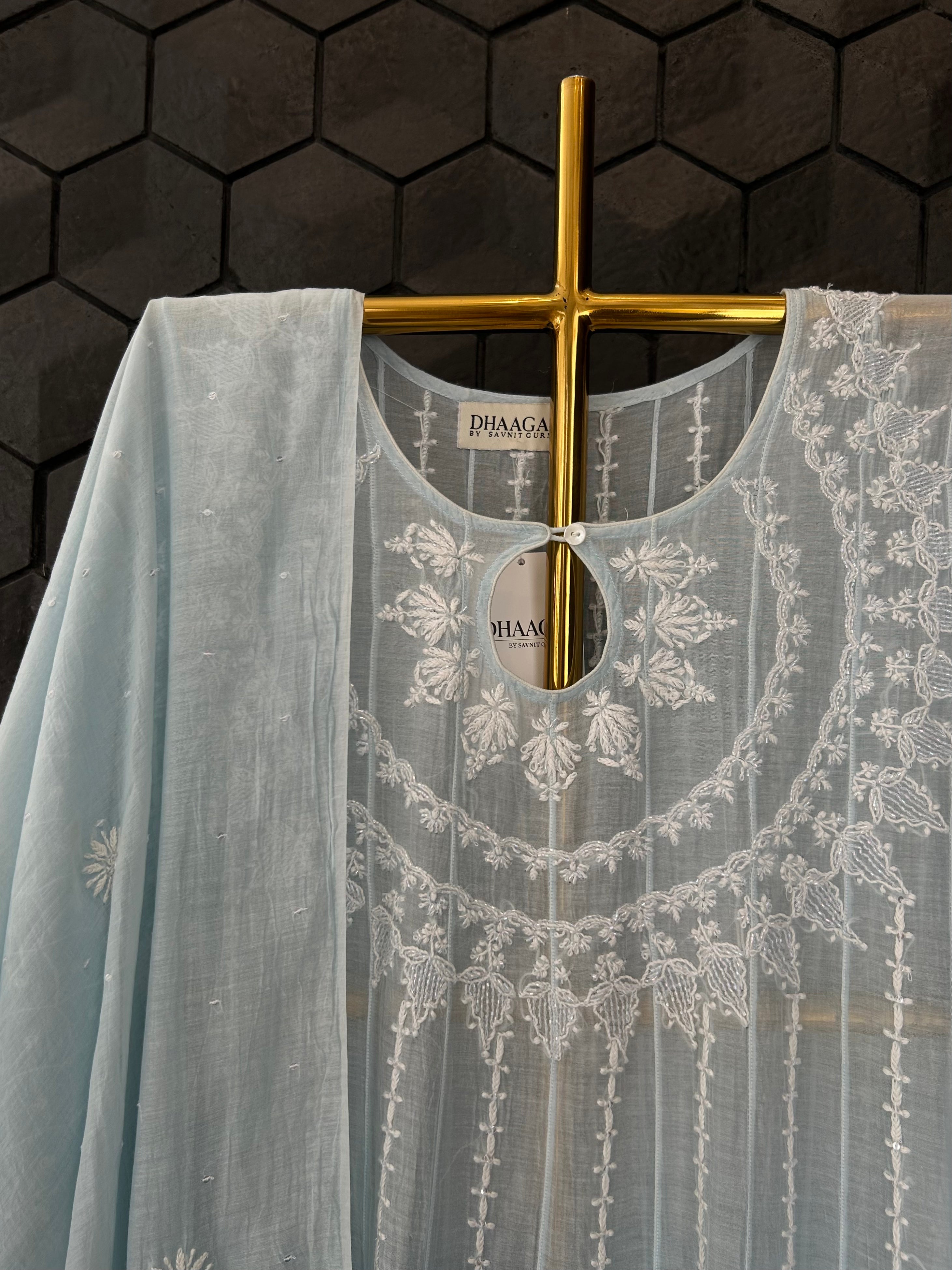 Sky Blue Mul Chanderi Chikankari Anarkali Set