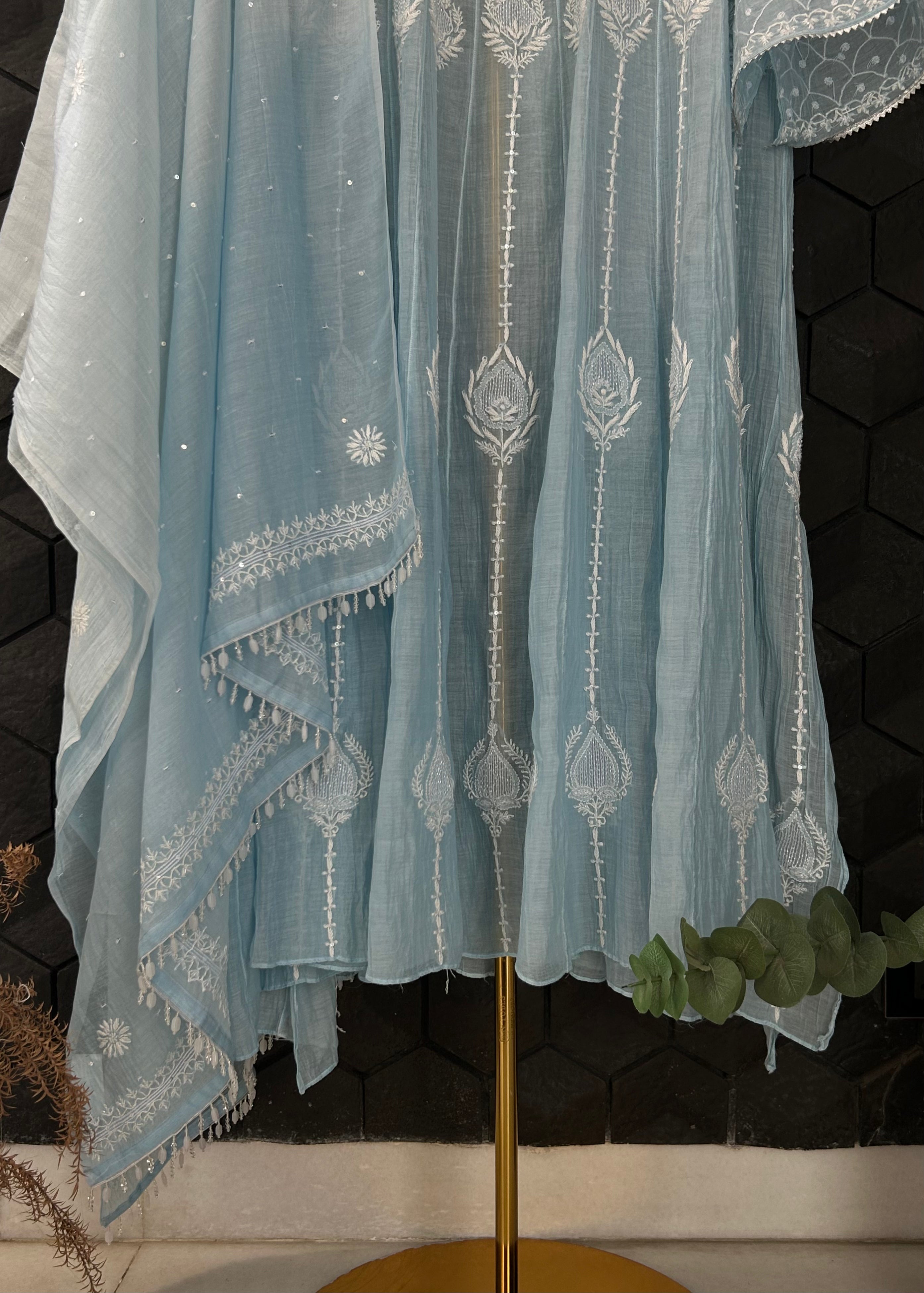 Sky Blue Mul Chanderi Chikankari Anarkali Set
