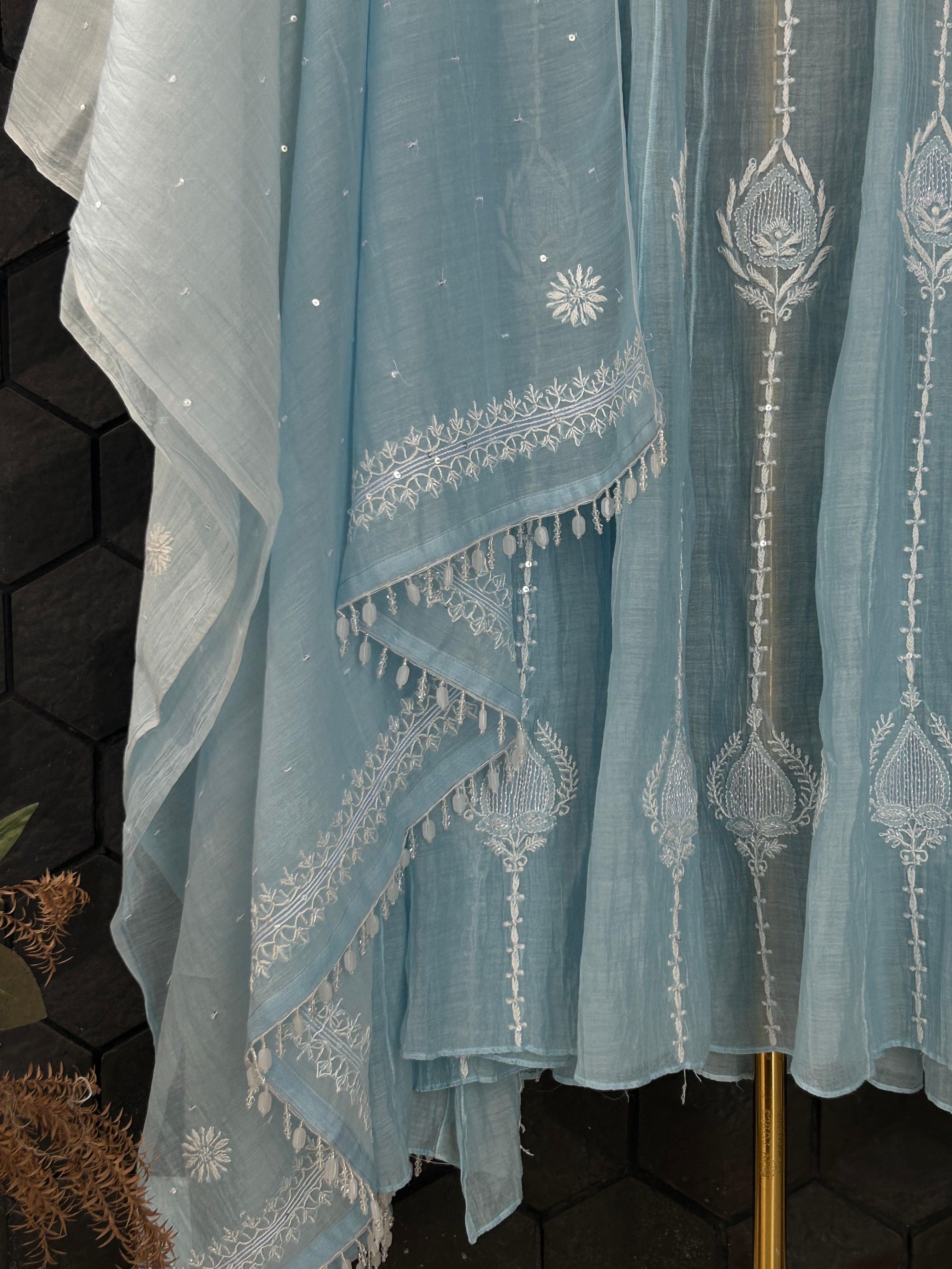 Sky Blue Mul Chanderi Chikankari Anarkali Set