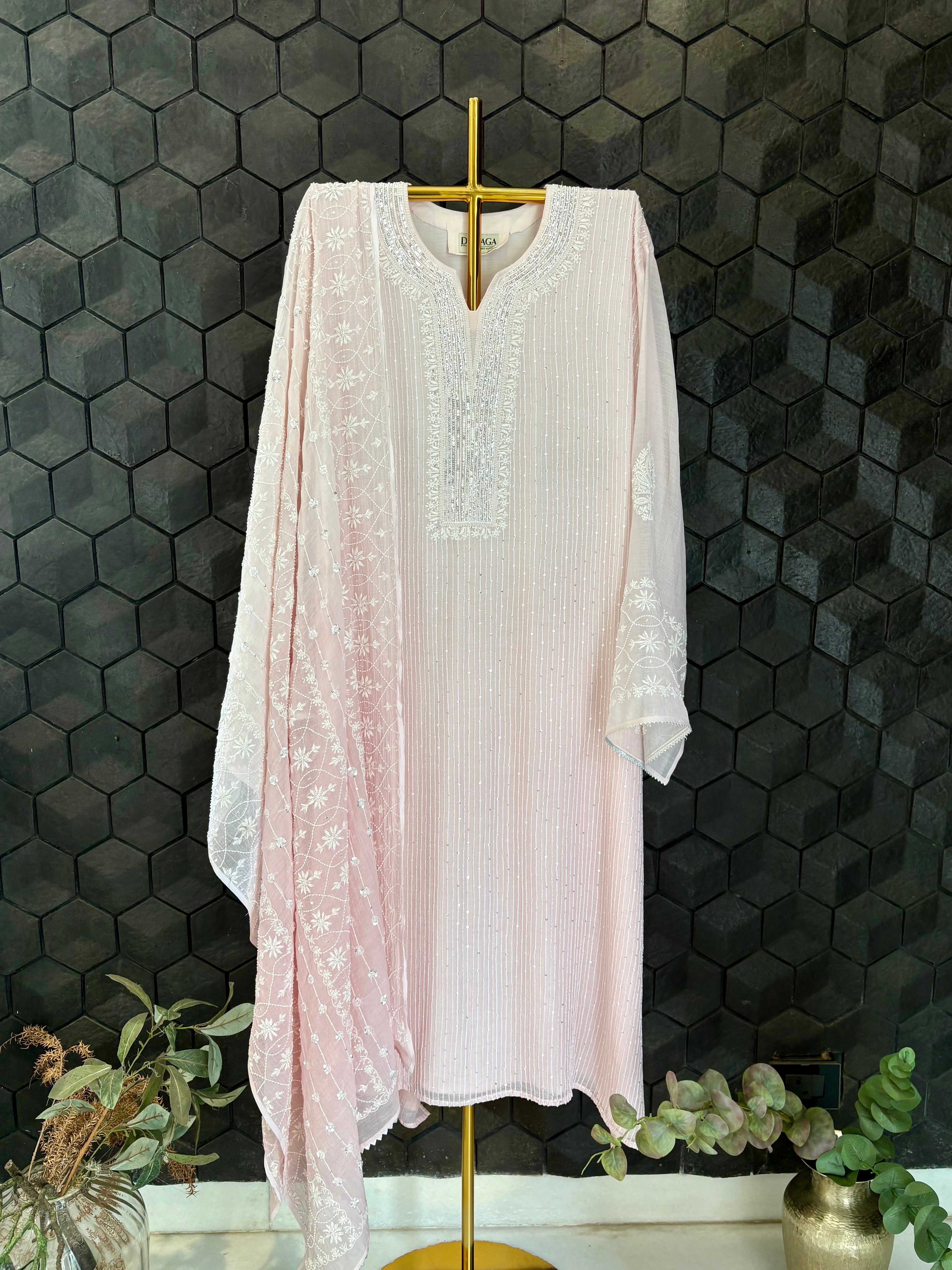 Pink Mul Chanderi Chikankari Kurta Set
