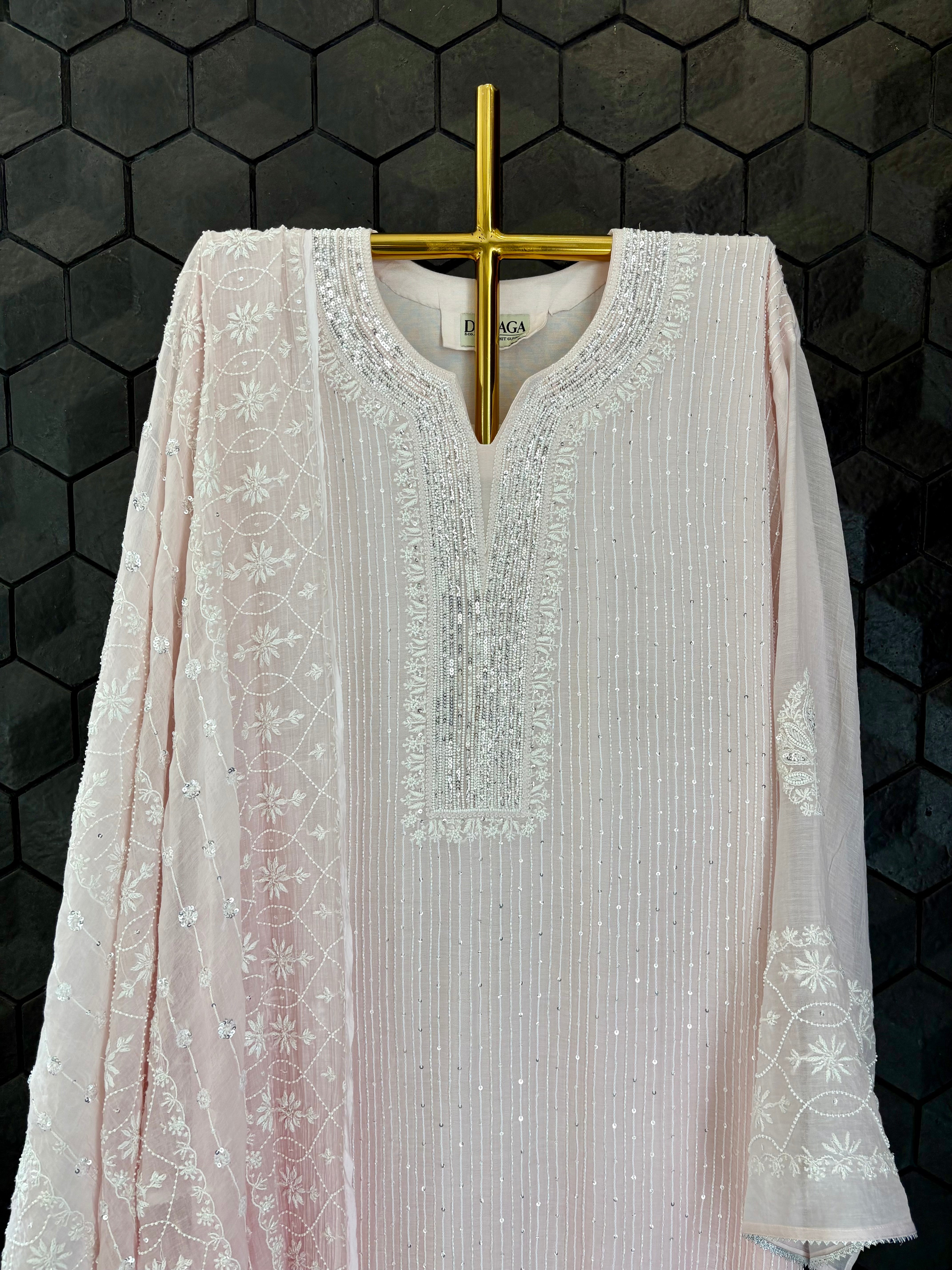 Pink Mul Chanderi Chikankari Kurta Set