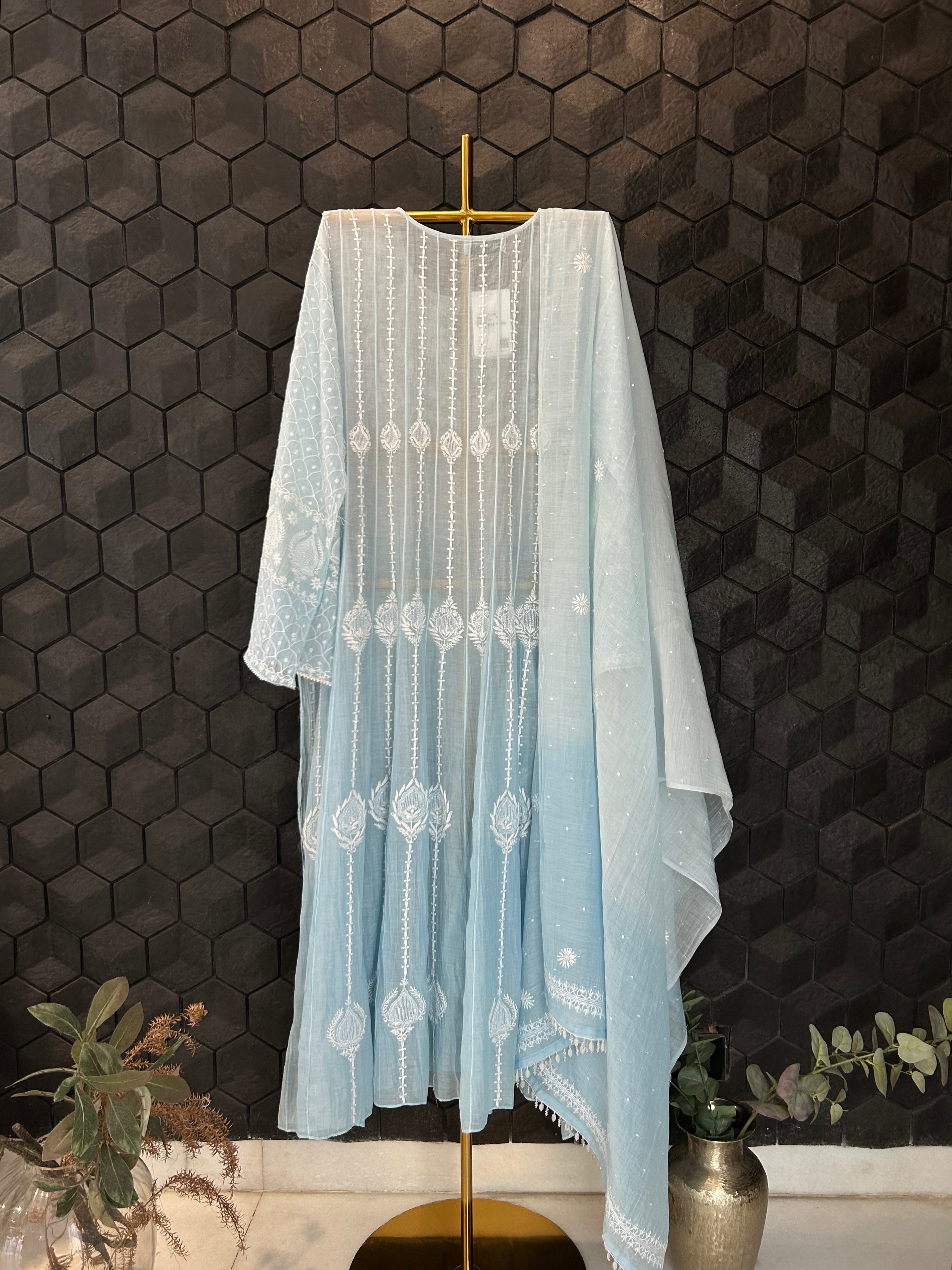 Sky Blue Mul Chanderi Chikankari Anarkali Set