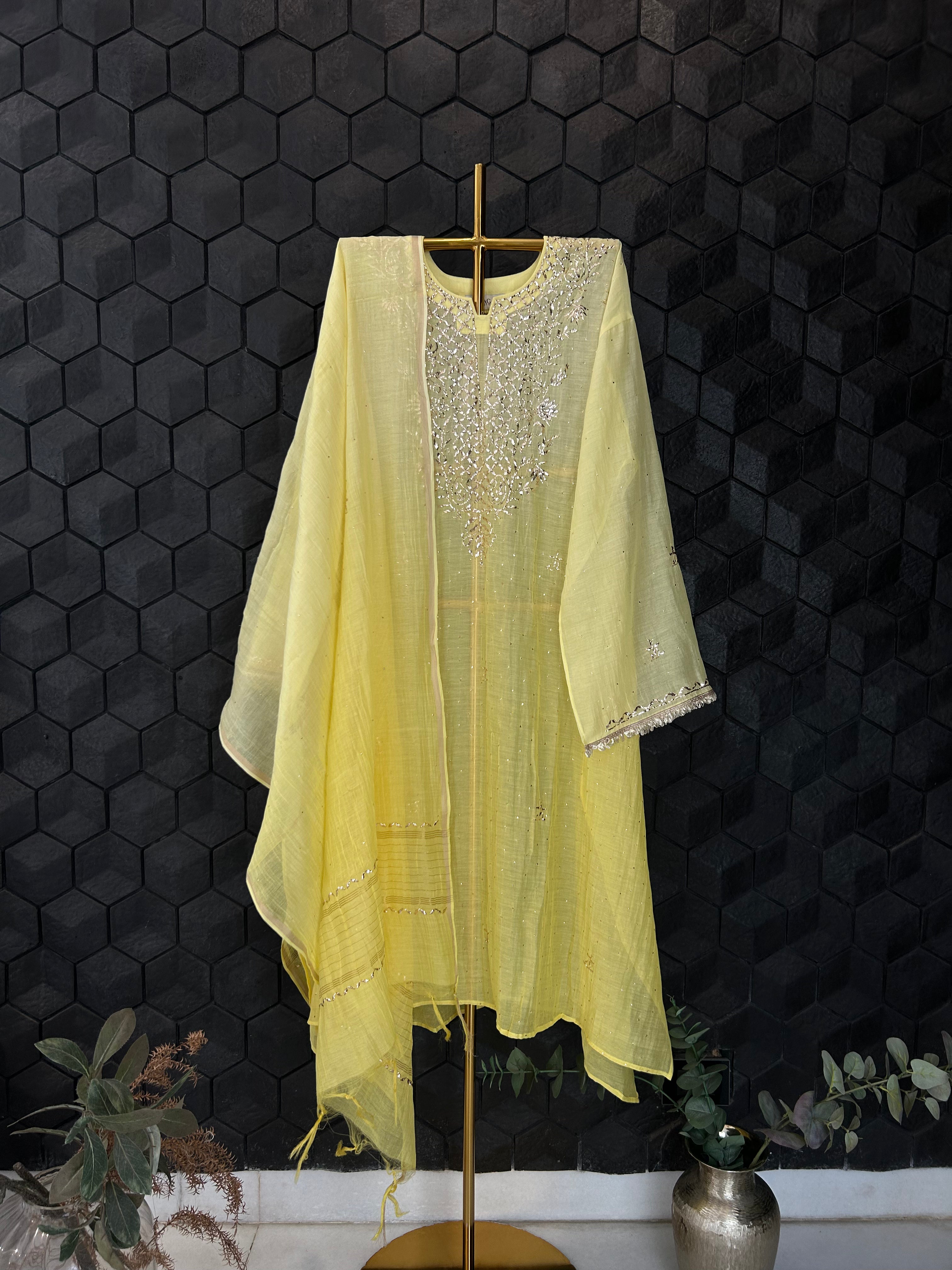 Lime Green Mul Chanderi Mukaish Kurta Set