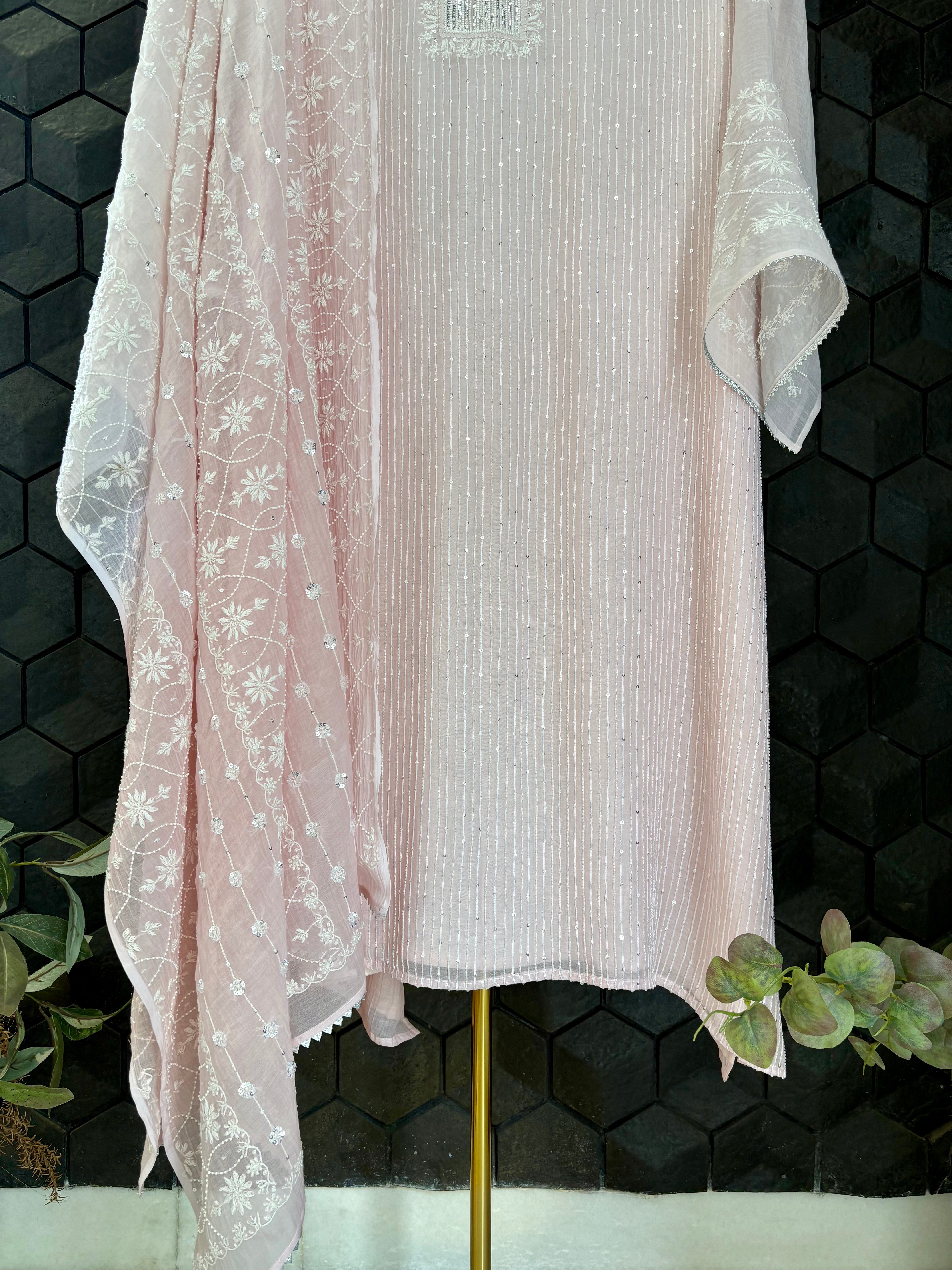 Pink Mul Chanderi Chikankari Kurta Set
