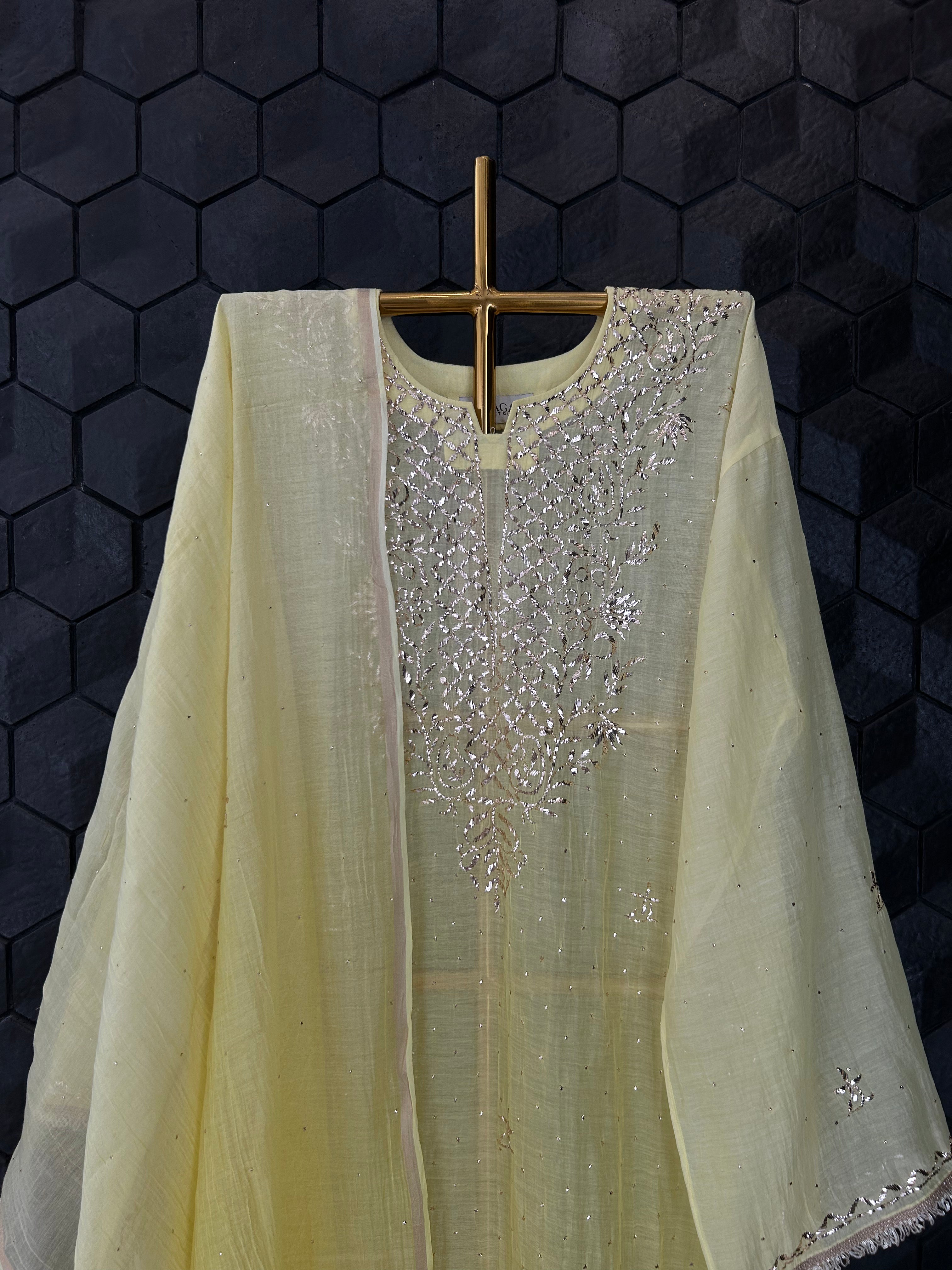 Lime Green Mul Chanderi Mukaish Kurta Set