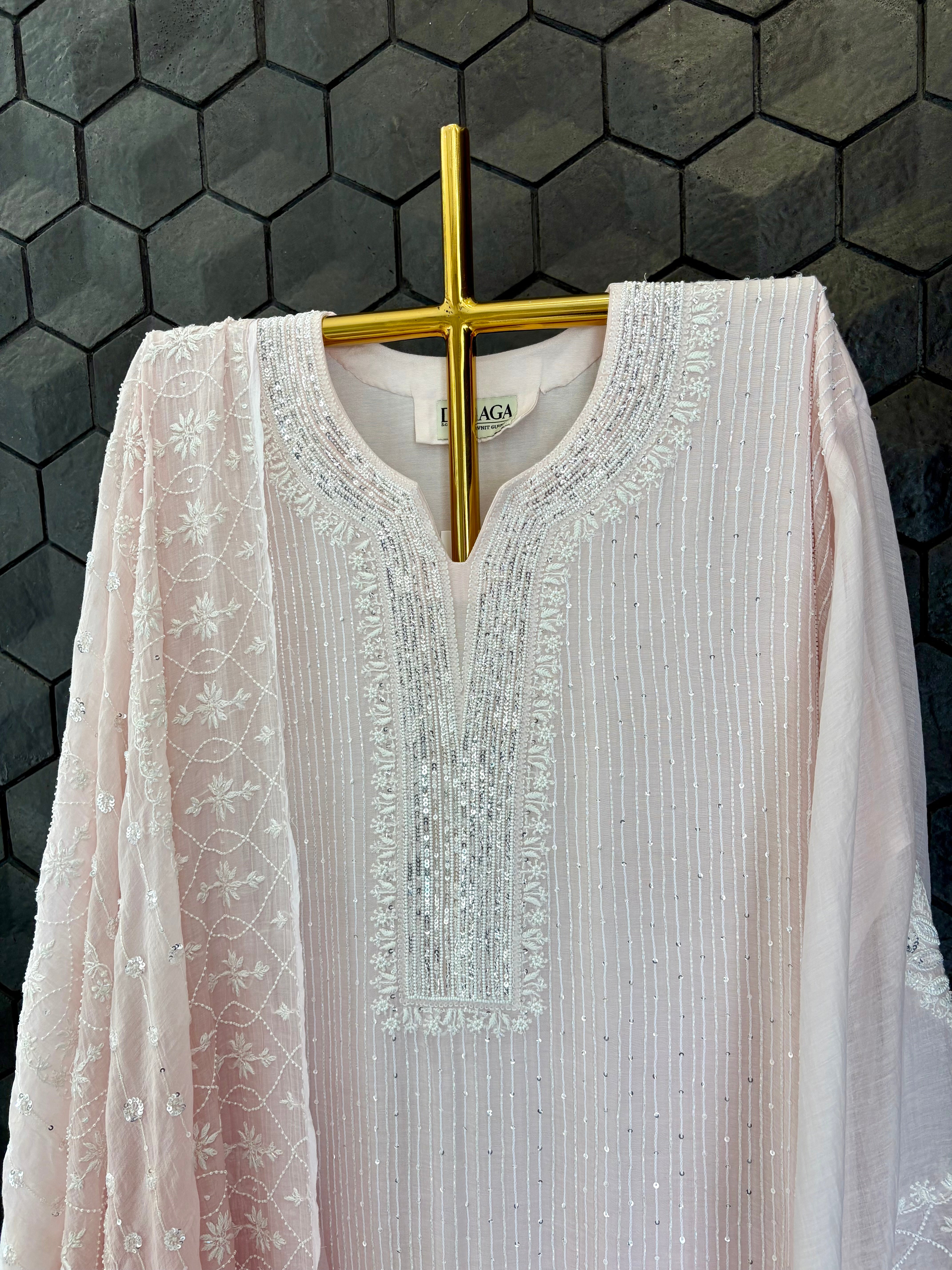 Pink Mul Chanderi Chikankari Kurta Set