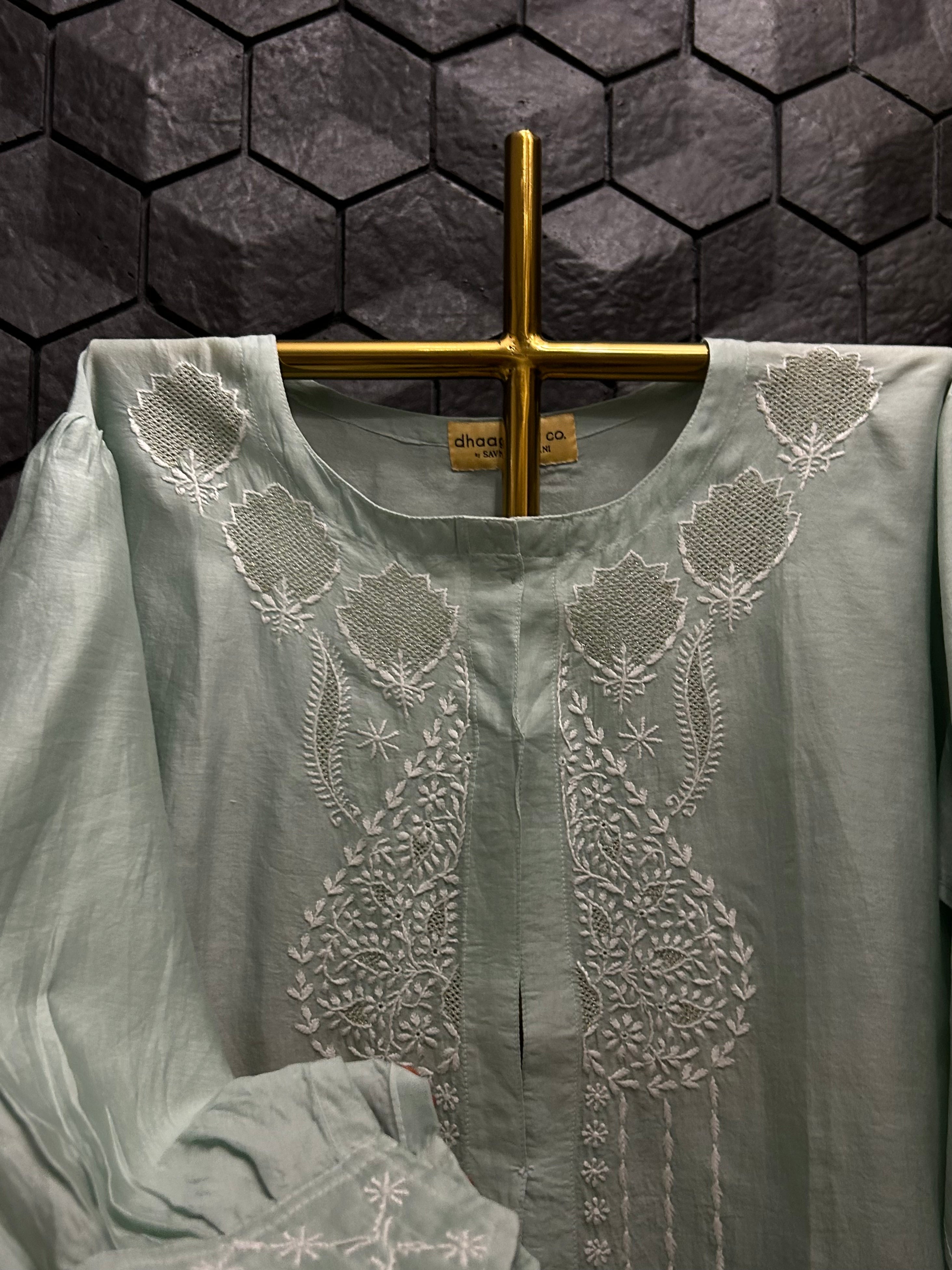 Sea Green Chanderi Chikankari Co-ord sets
