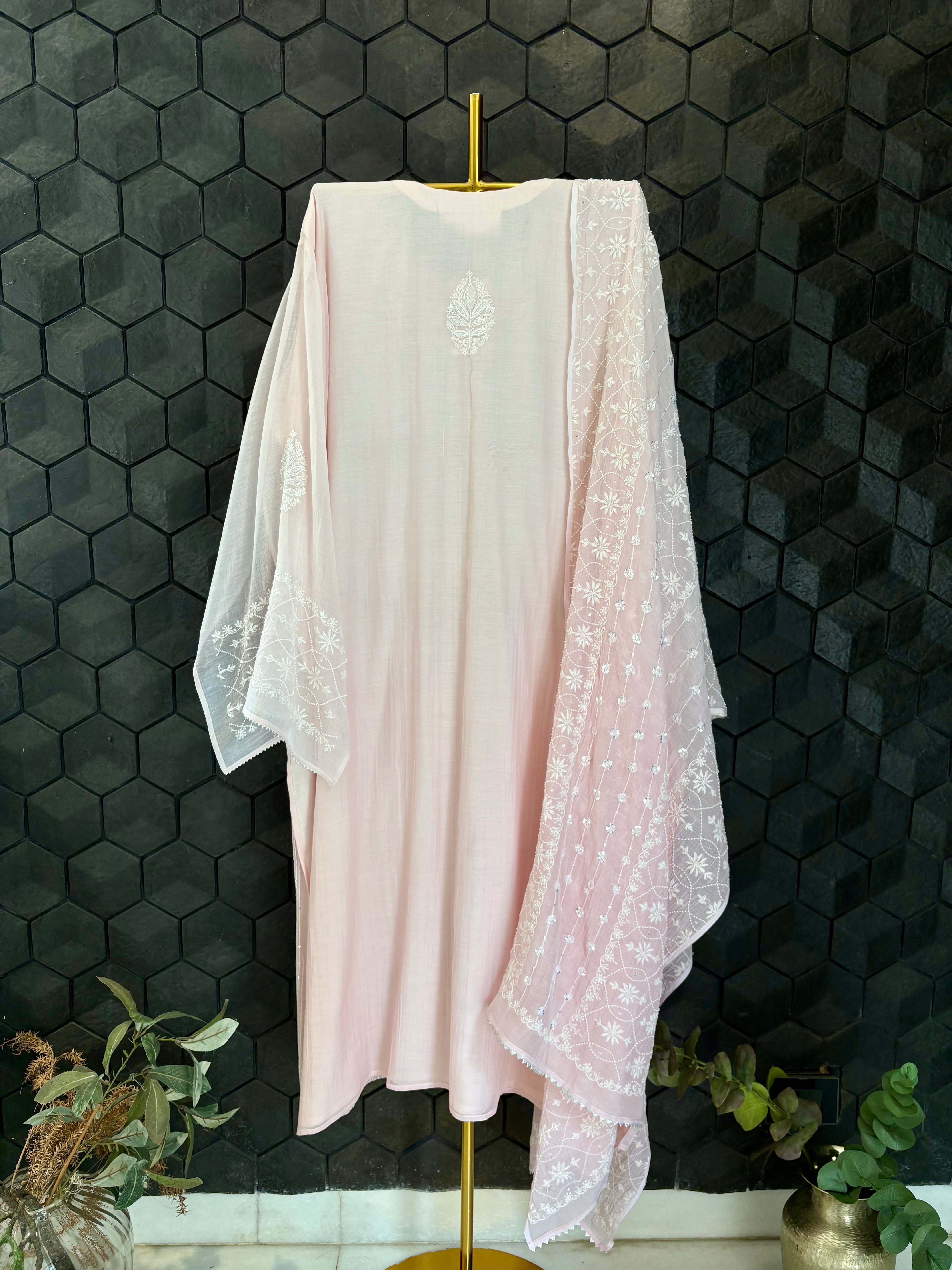 Pink Mul Chanderi Chikankari Kurta Set