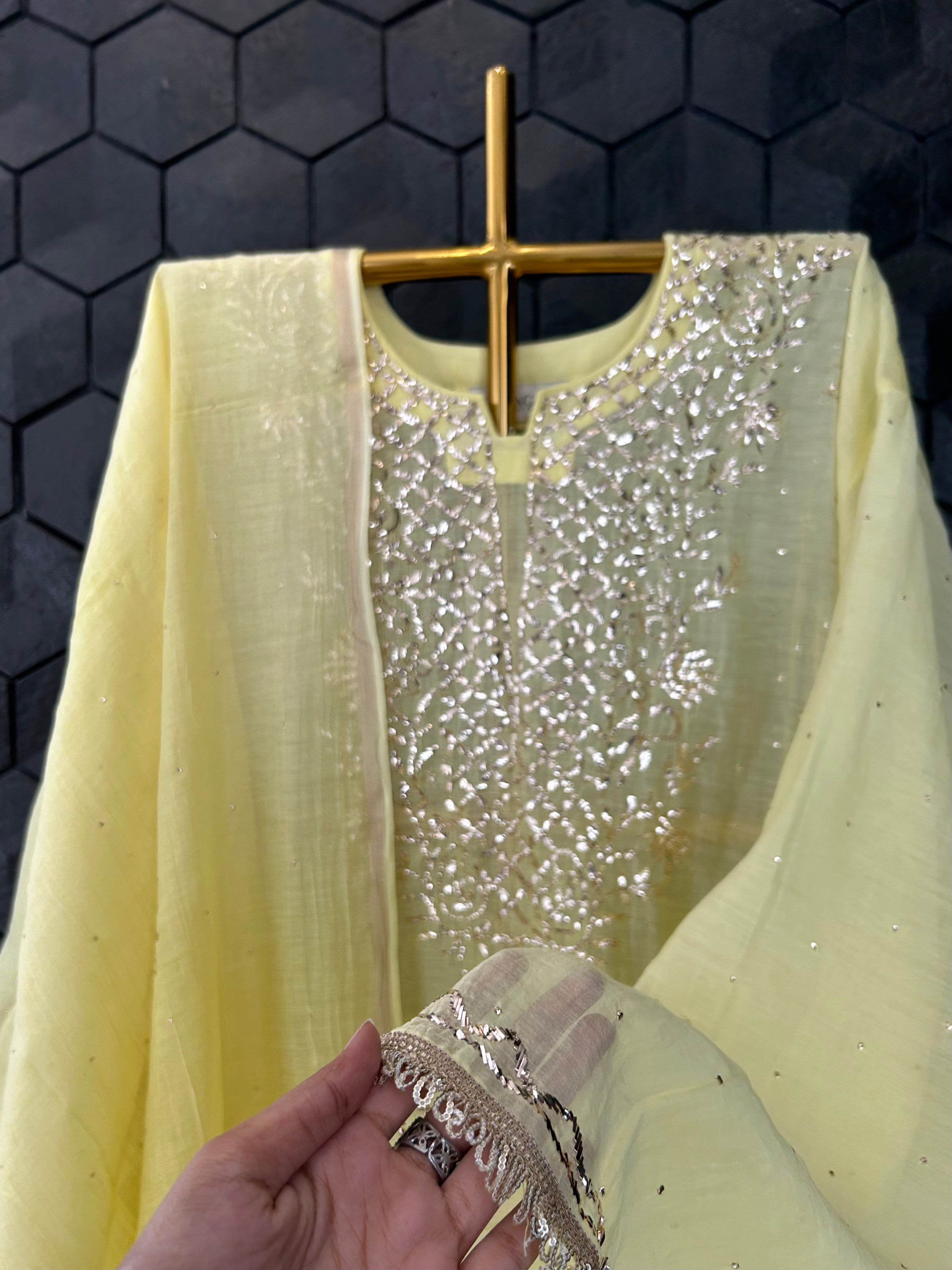 Lime Green Mul Chanderi Mukaish Kurta Set
