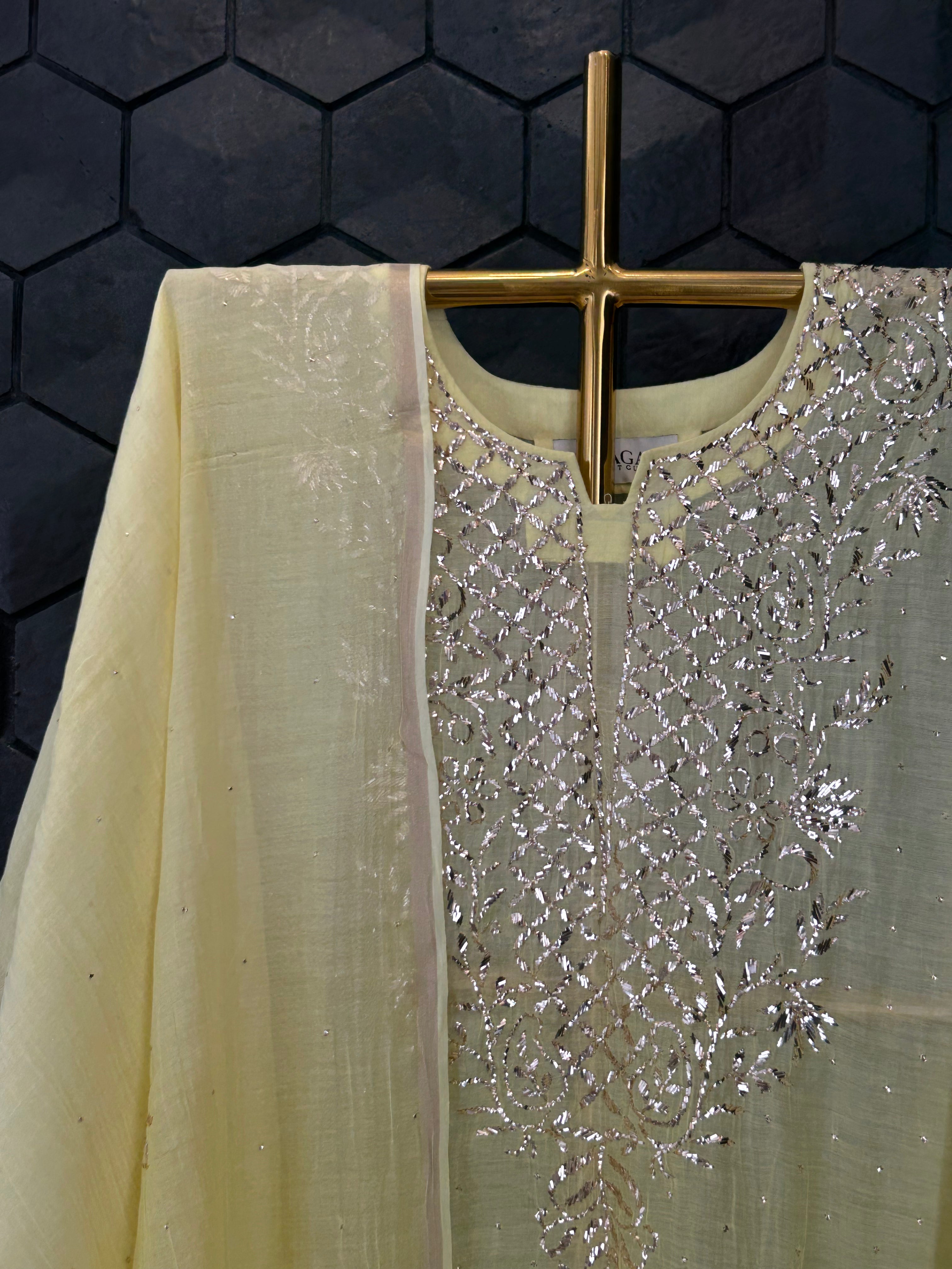 Lime Green Mul Chanderi Mukaish Kurta Set
