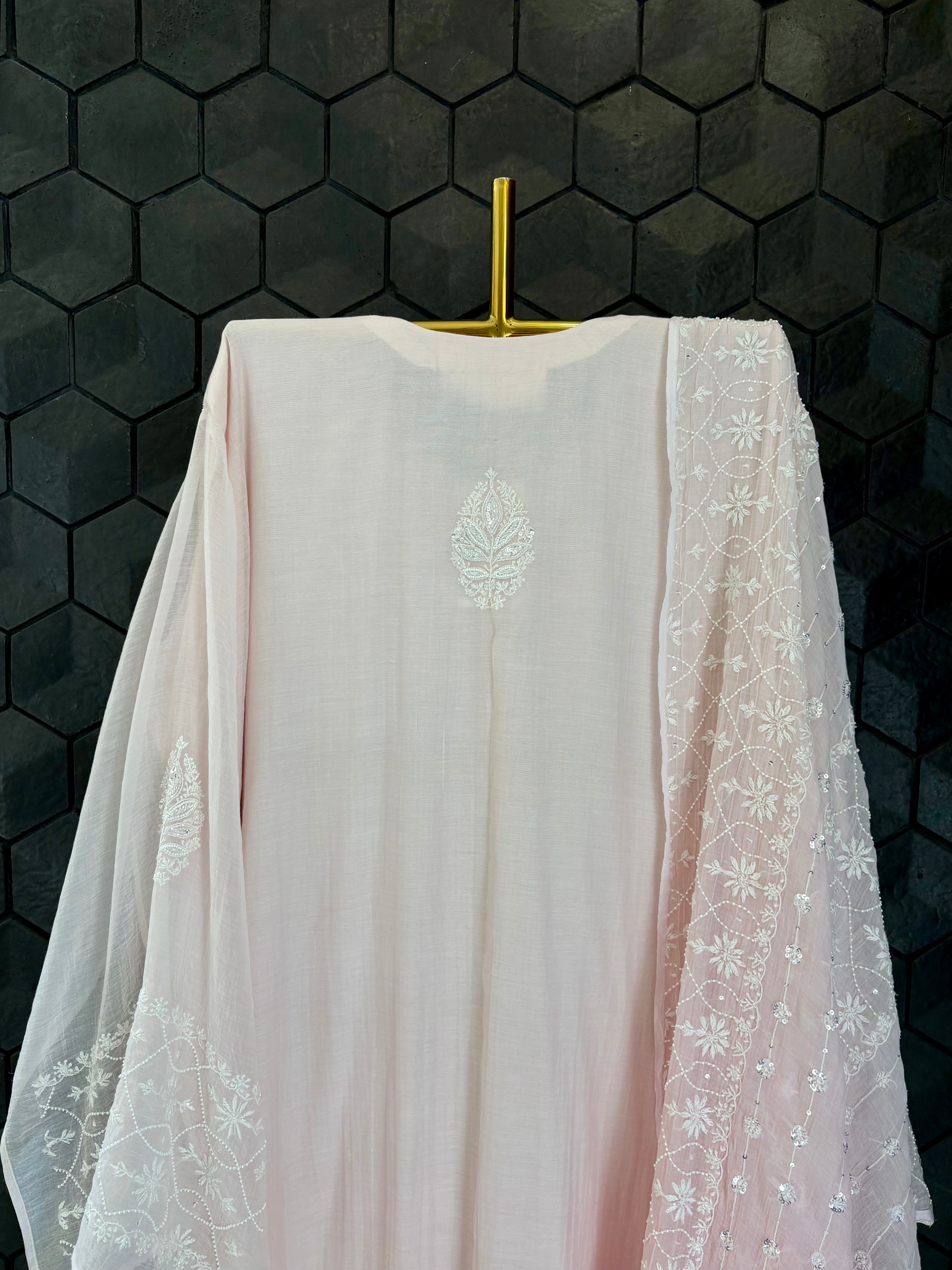 Pink Mul Chanderi Chikankari Kurta Set