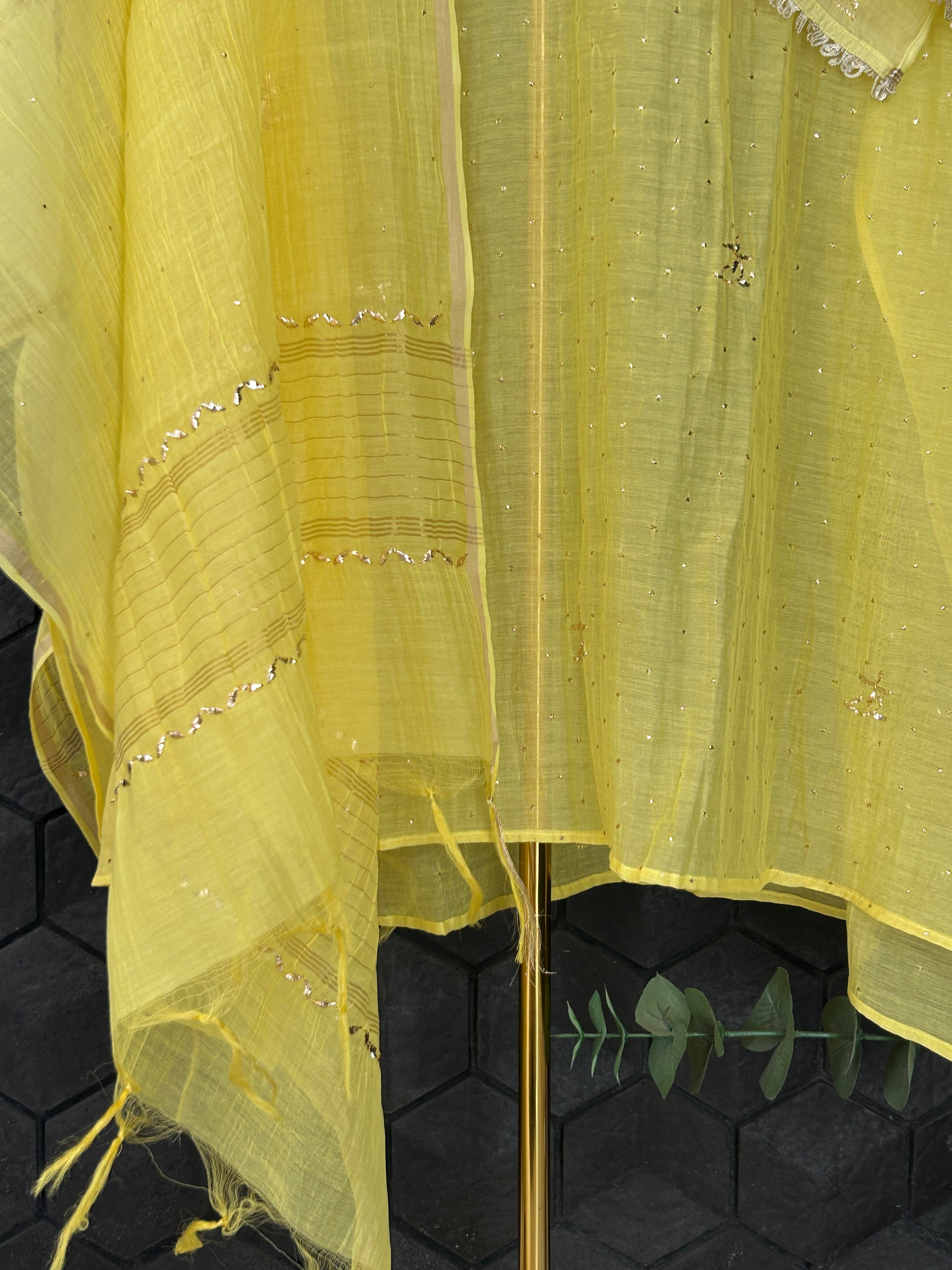 Lime Green Mul Chanderi Mukaish Kurta Set