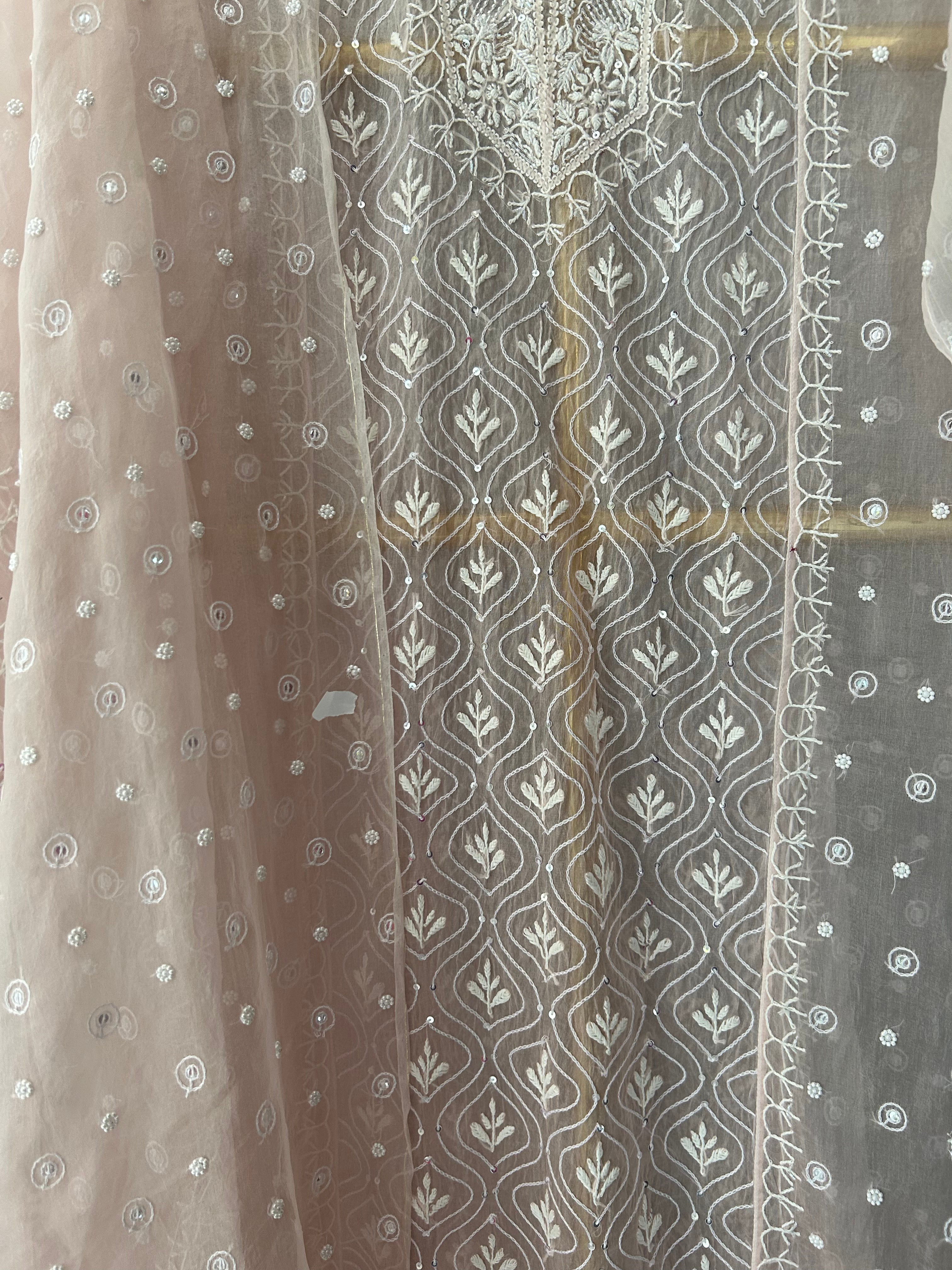 Pink Organza Chikankari Kurta Set