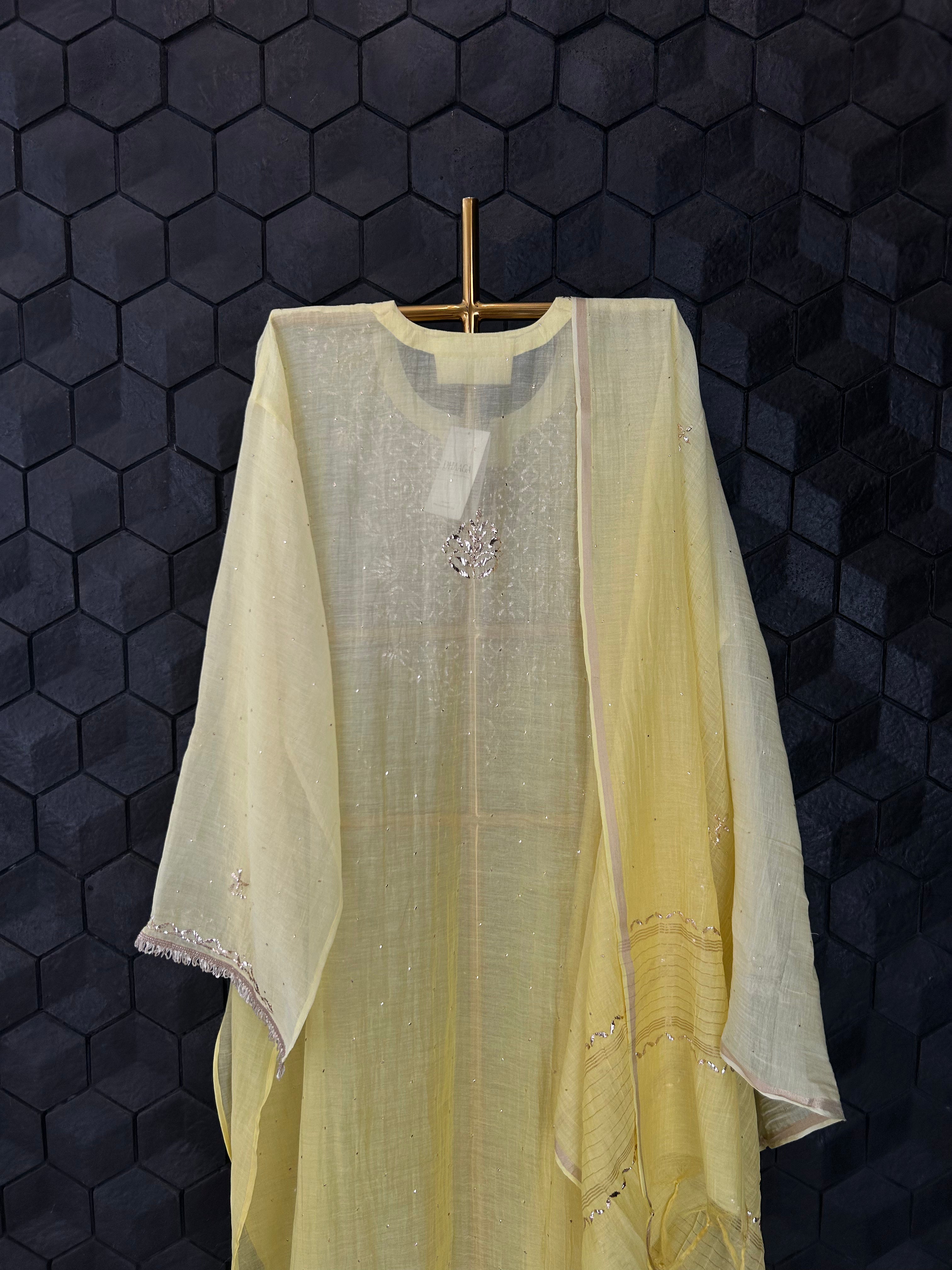 Lime Green Mul Chanderi Mukaish Kurta Set