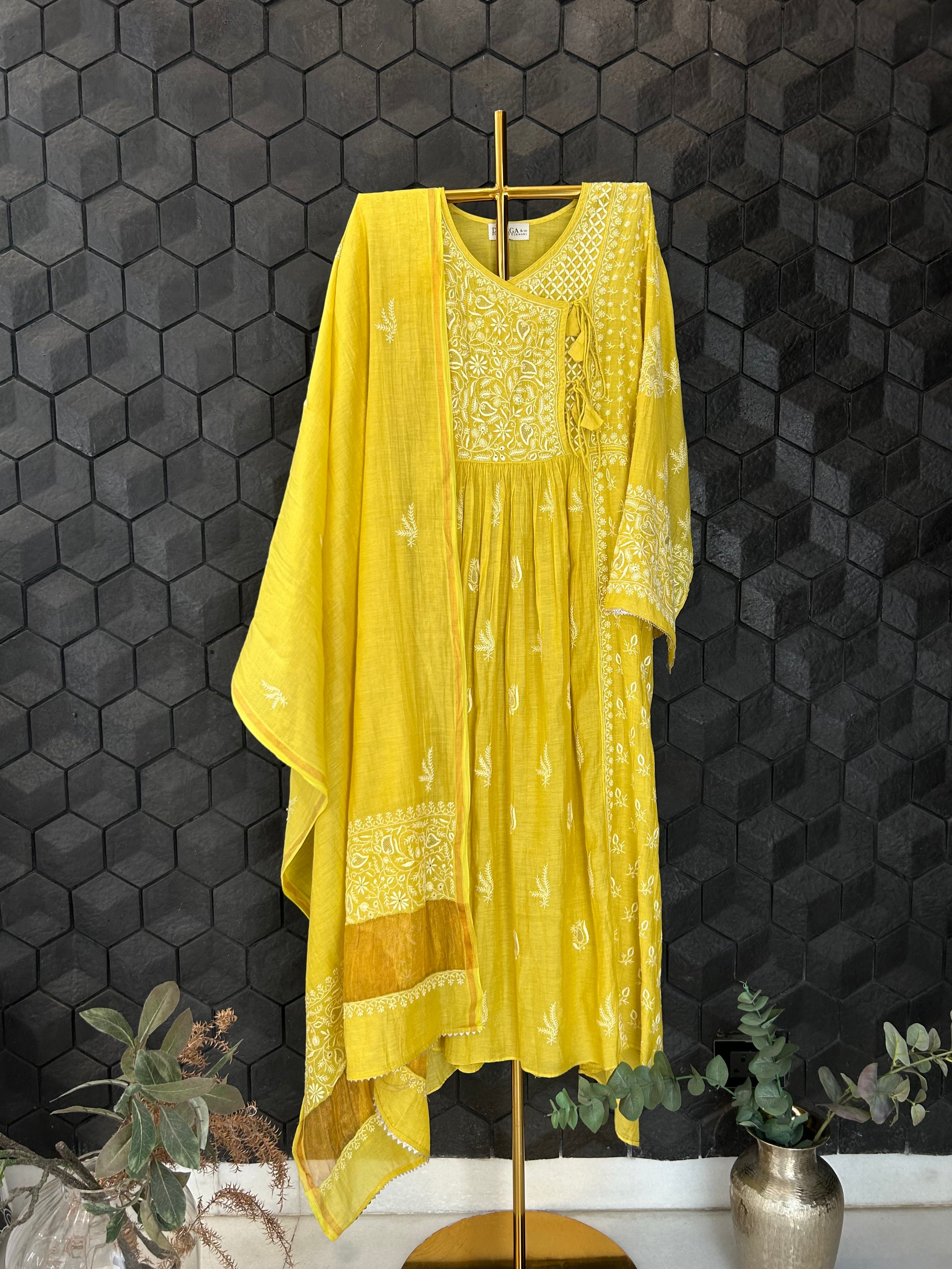 Lime Green Tissue Angarkha Chikankari Kurta Set