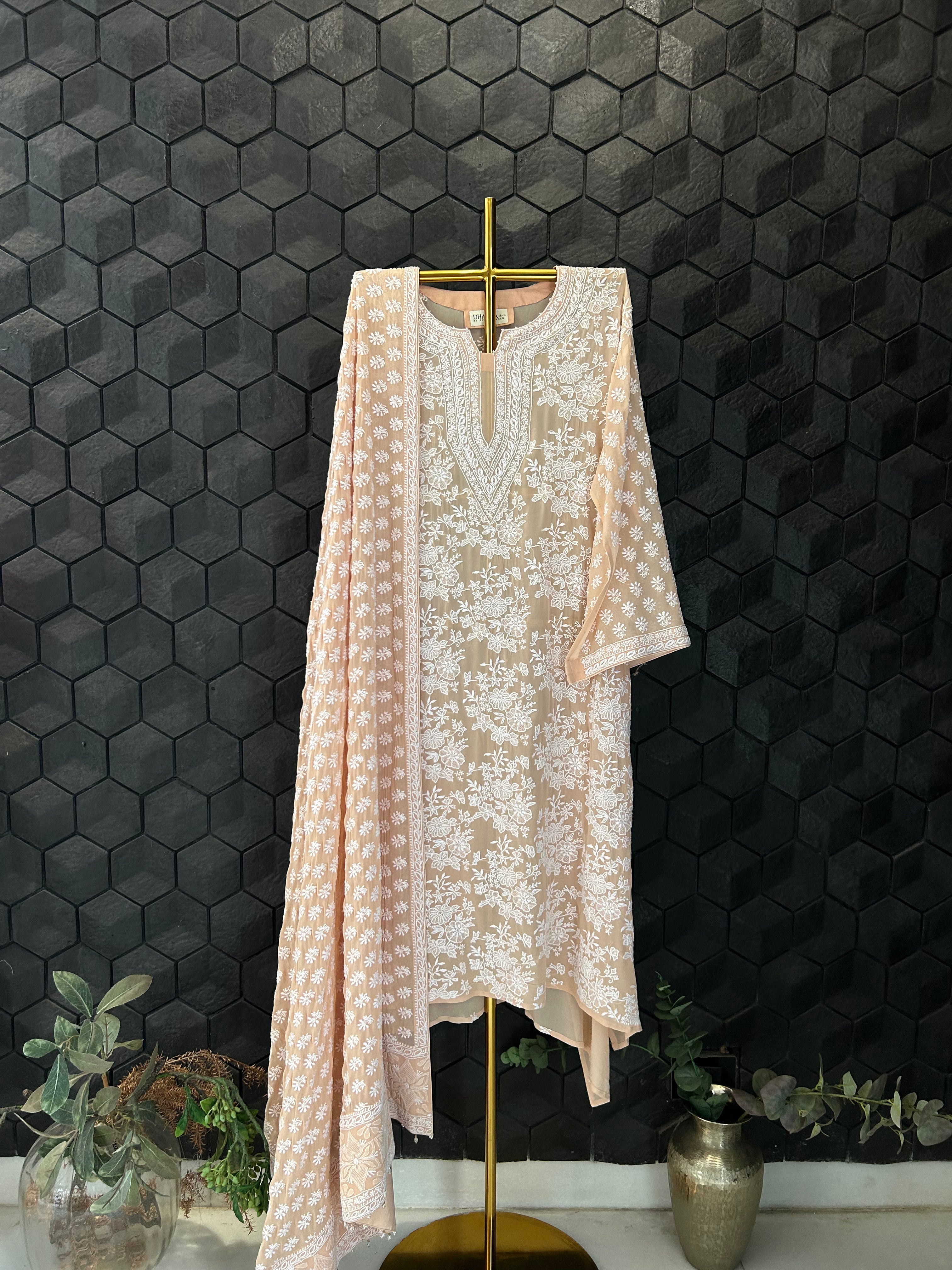 Peach Georgette Chikankari Kurta Set