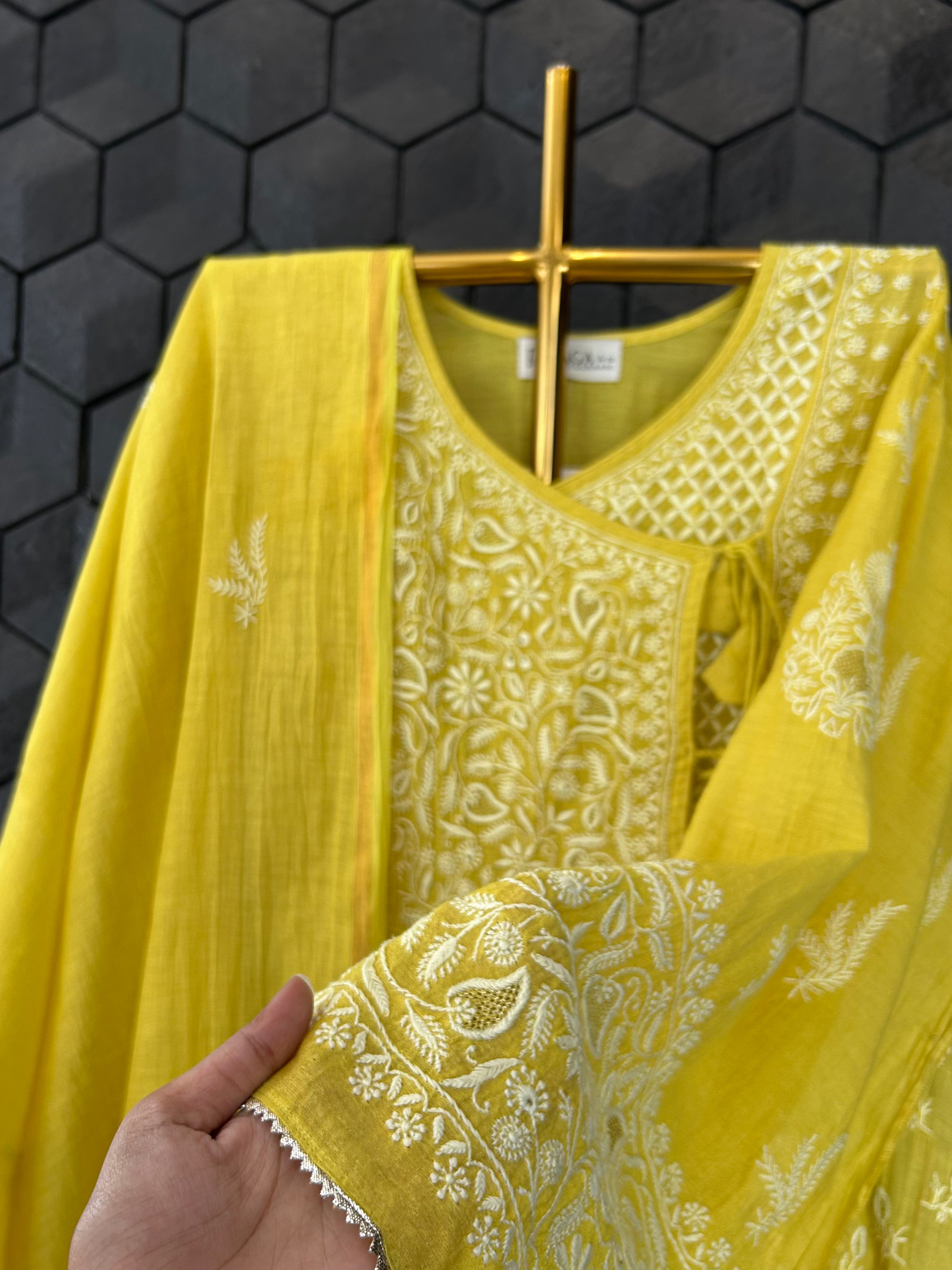 Lime Green Tissue Angarkha Chikankari Kurta Set
