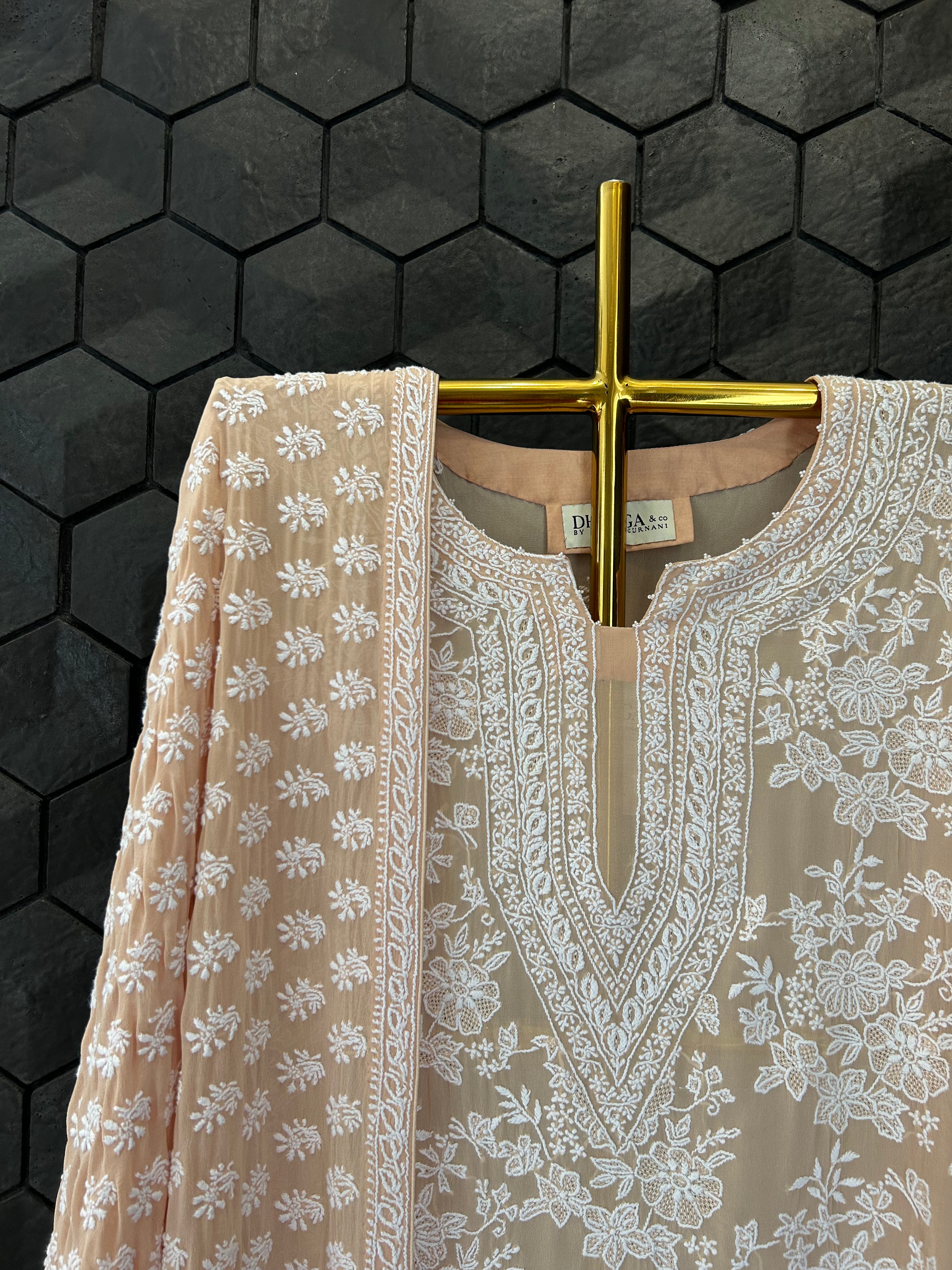 Peach Georgette Chikankari Kurta Set