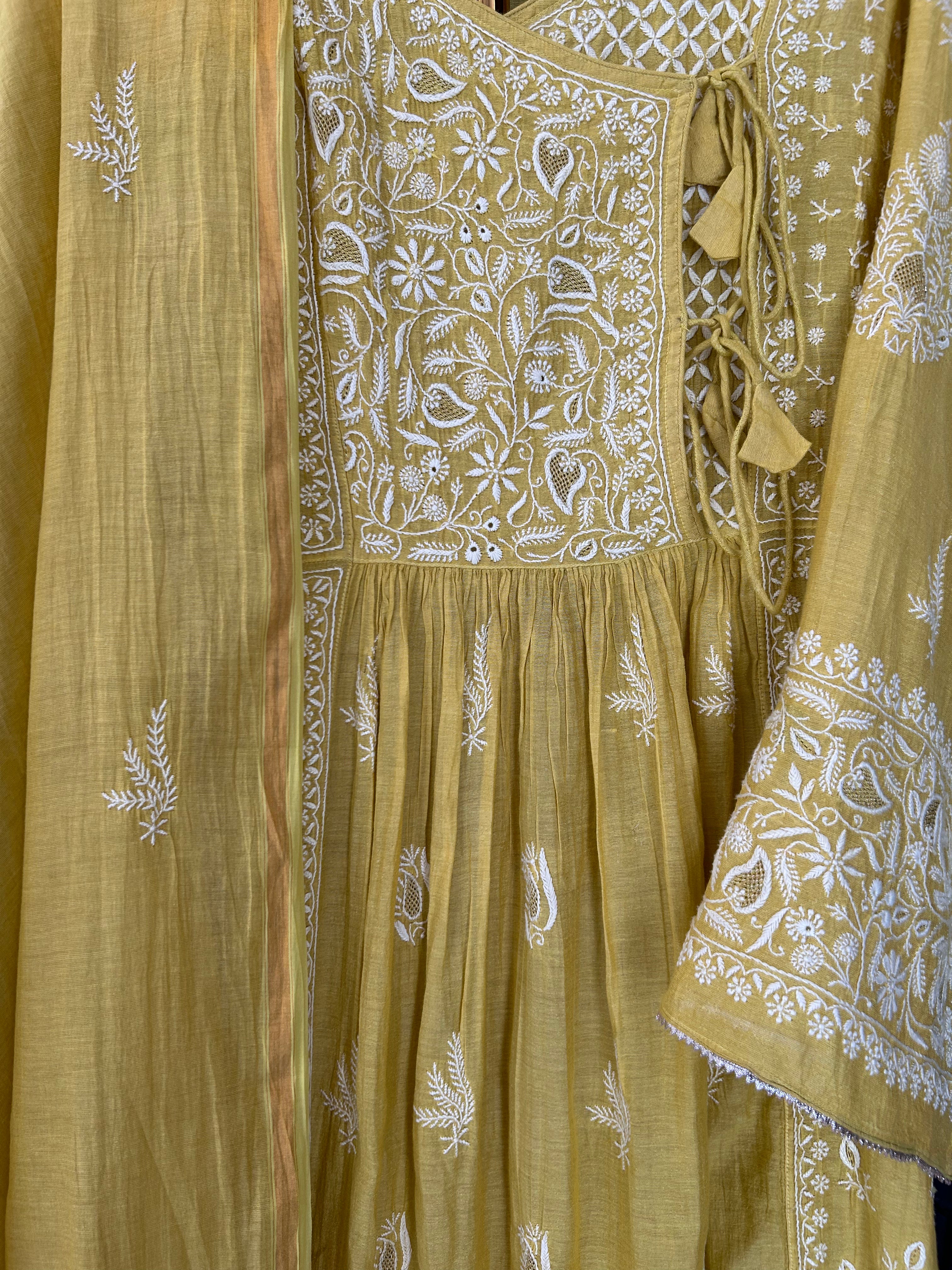 Lime Green Tissue Angarkha Chikankari Kurta Set