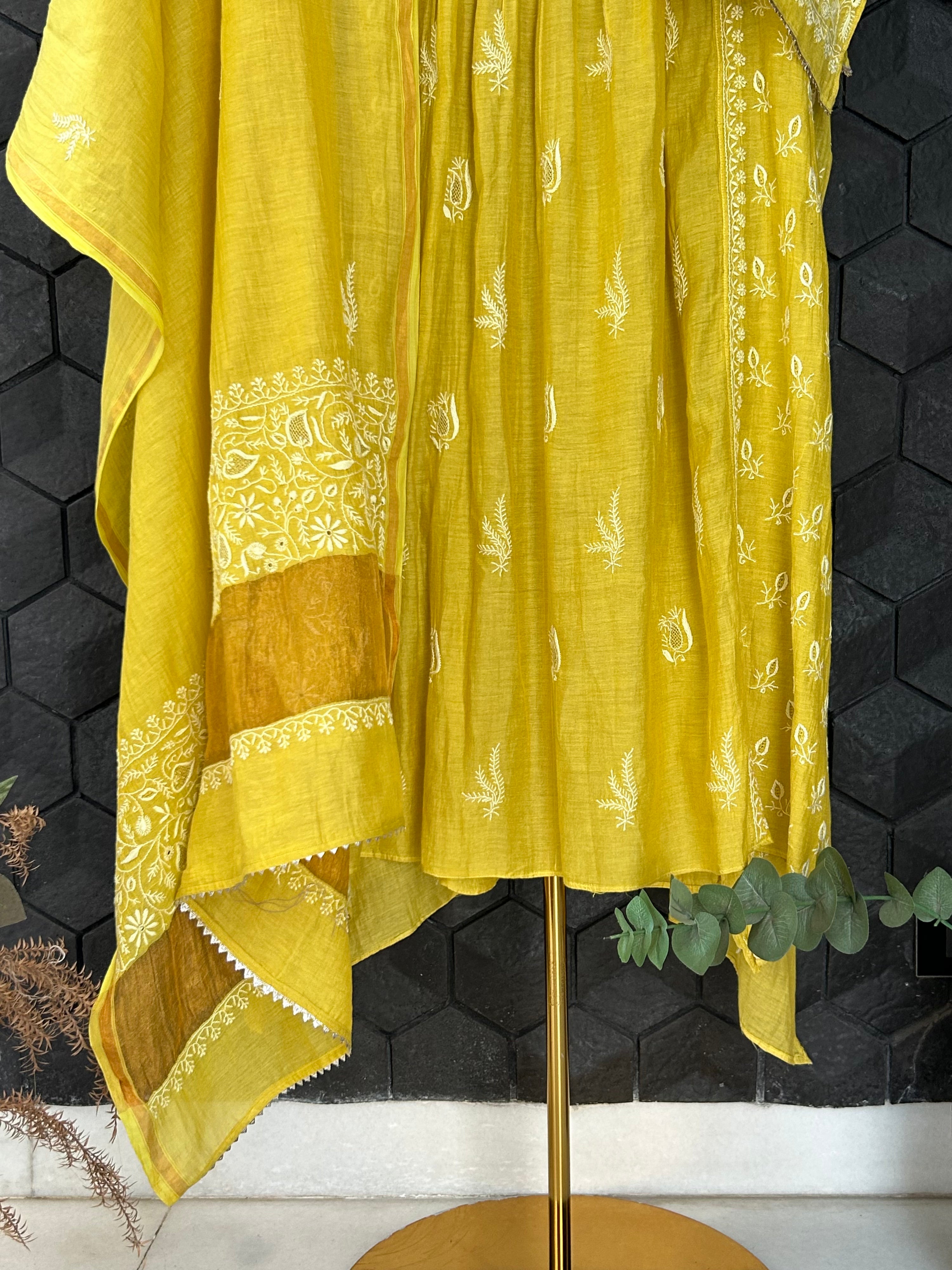 Lime Green Tissue Angarkha Chikankari Kurta Set