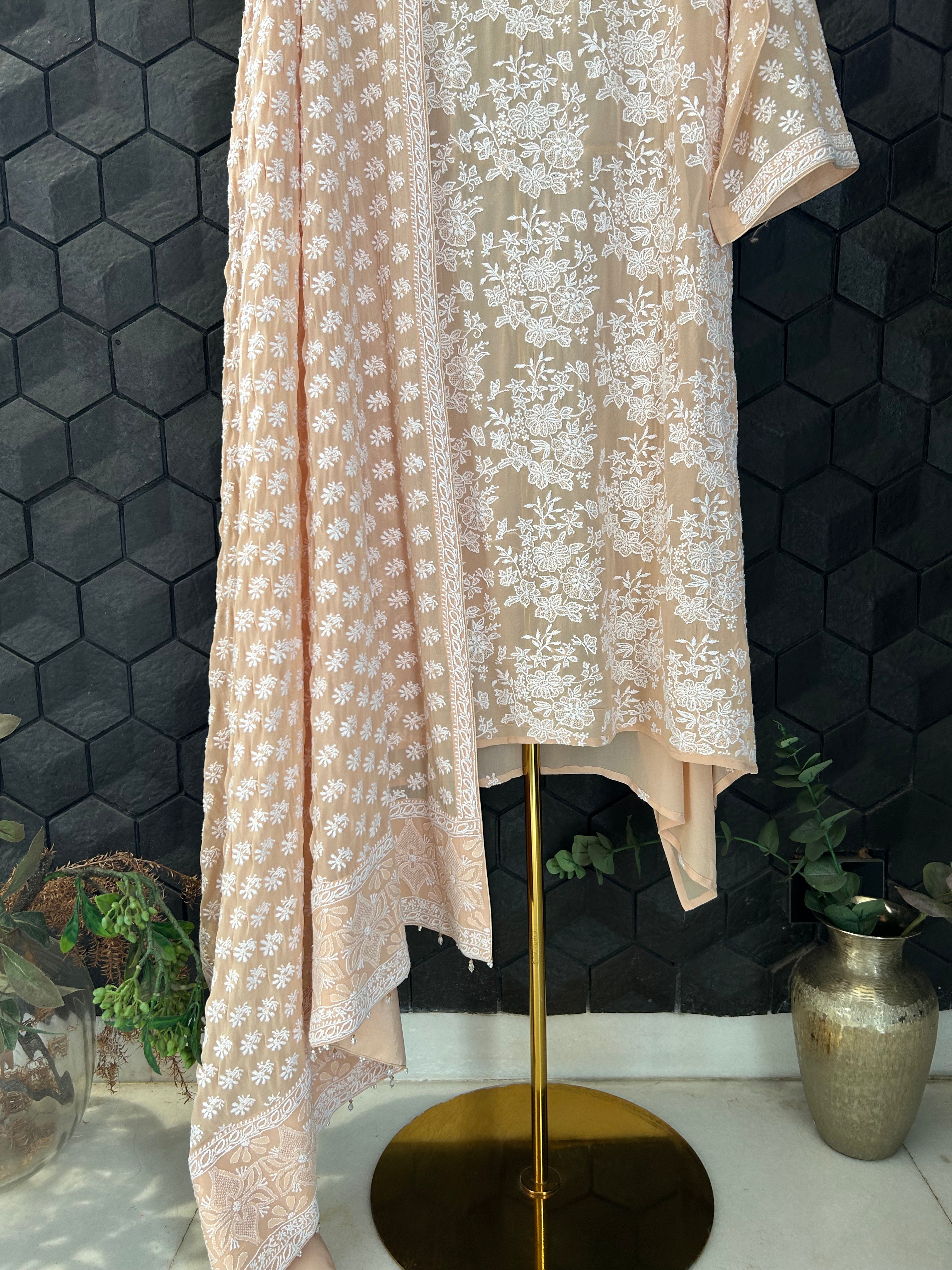 Peach Georgette Chikankari Kurta Set