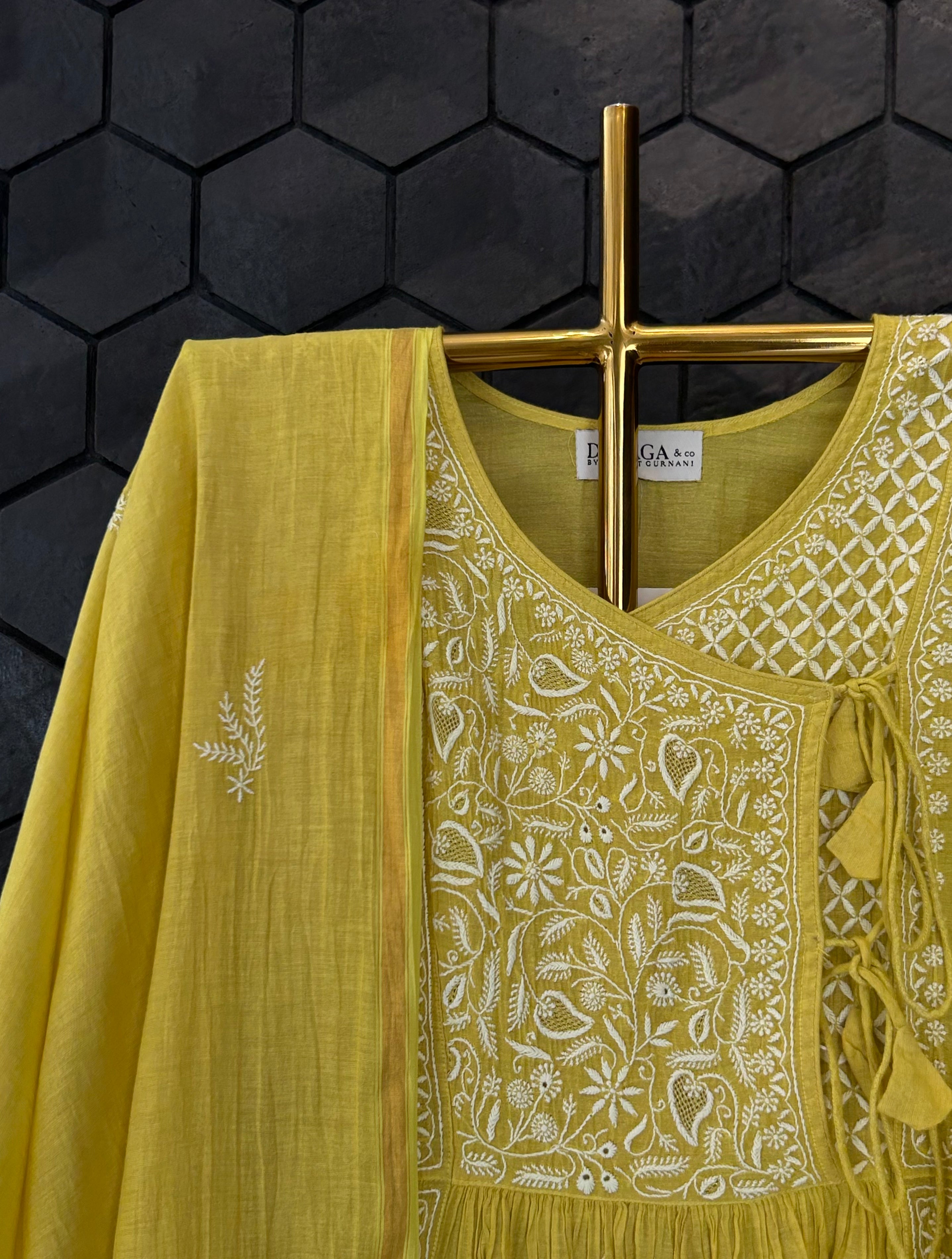 Lime Green Tissue Angarkha Chikankari Kurta Set