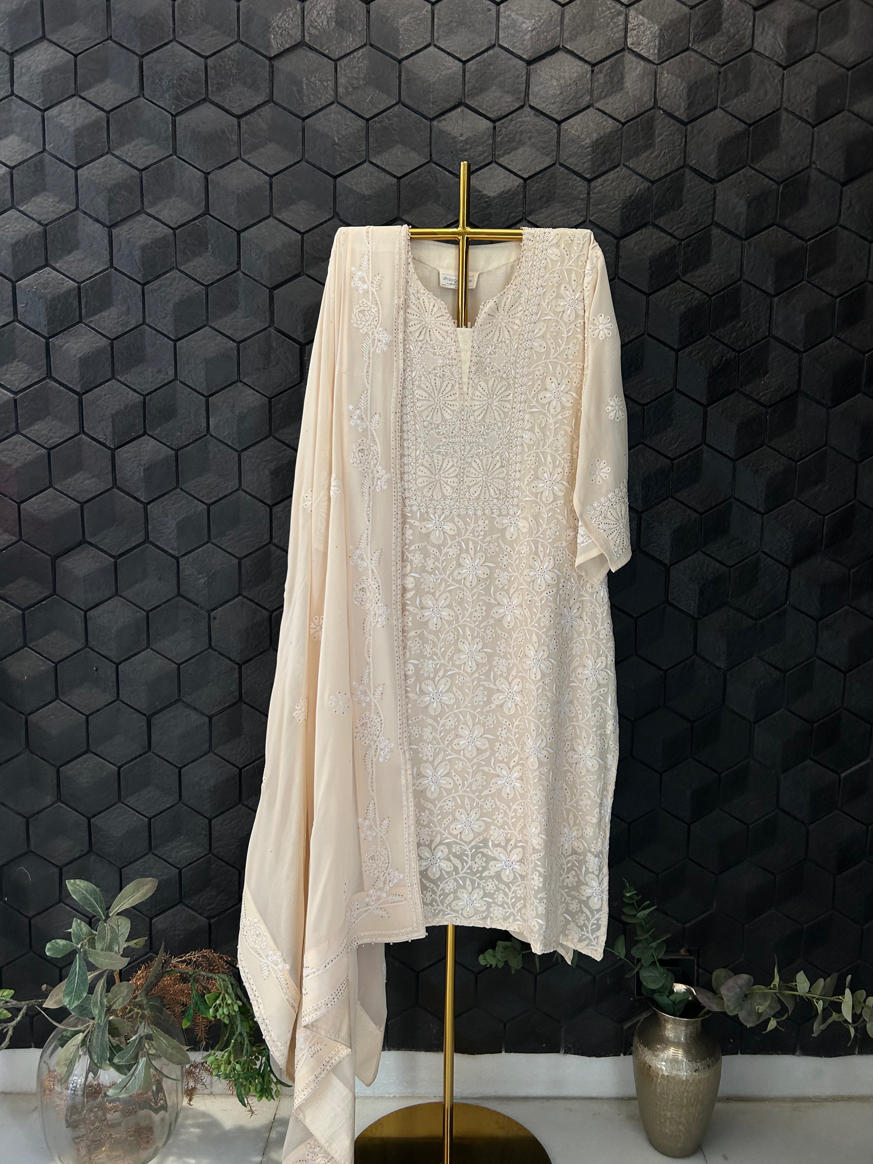 Peach Georgette Chikankari Mukaish Kurta Set