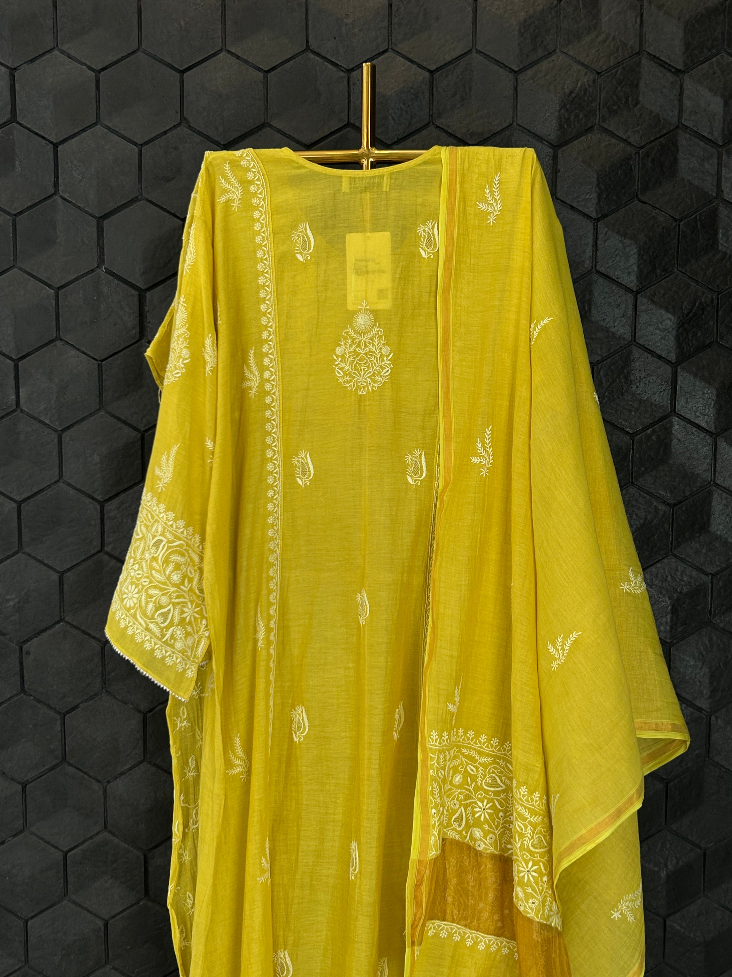 Lime Green Tissue Angarkha Chikankari Kurta Set