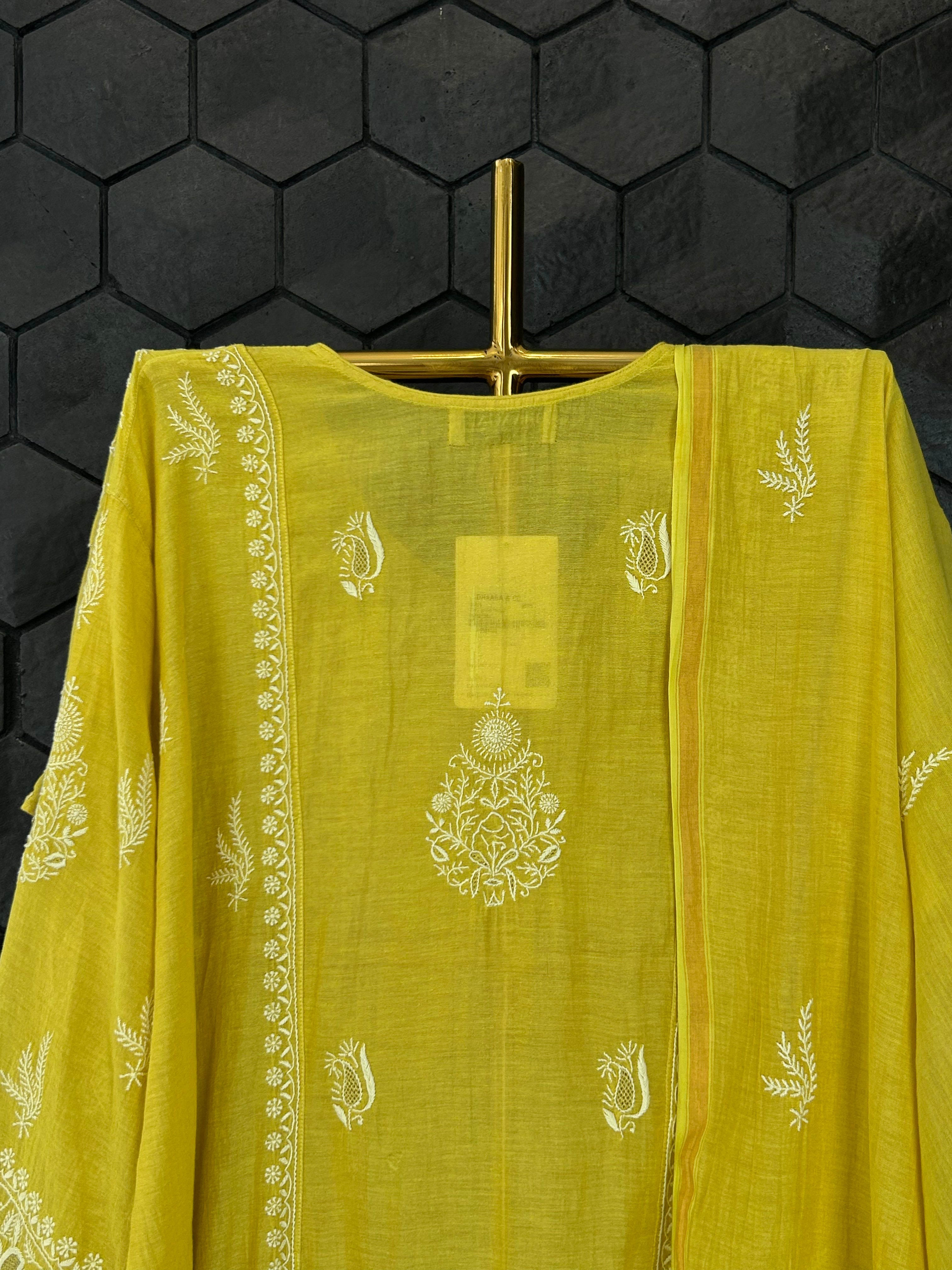 Lime Green Tissue Angarkha Chikankari Kurta Set
