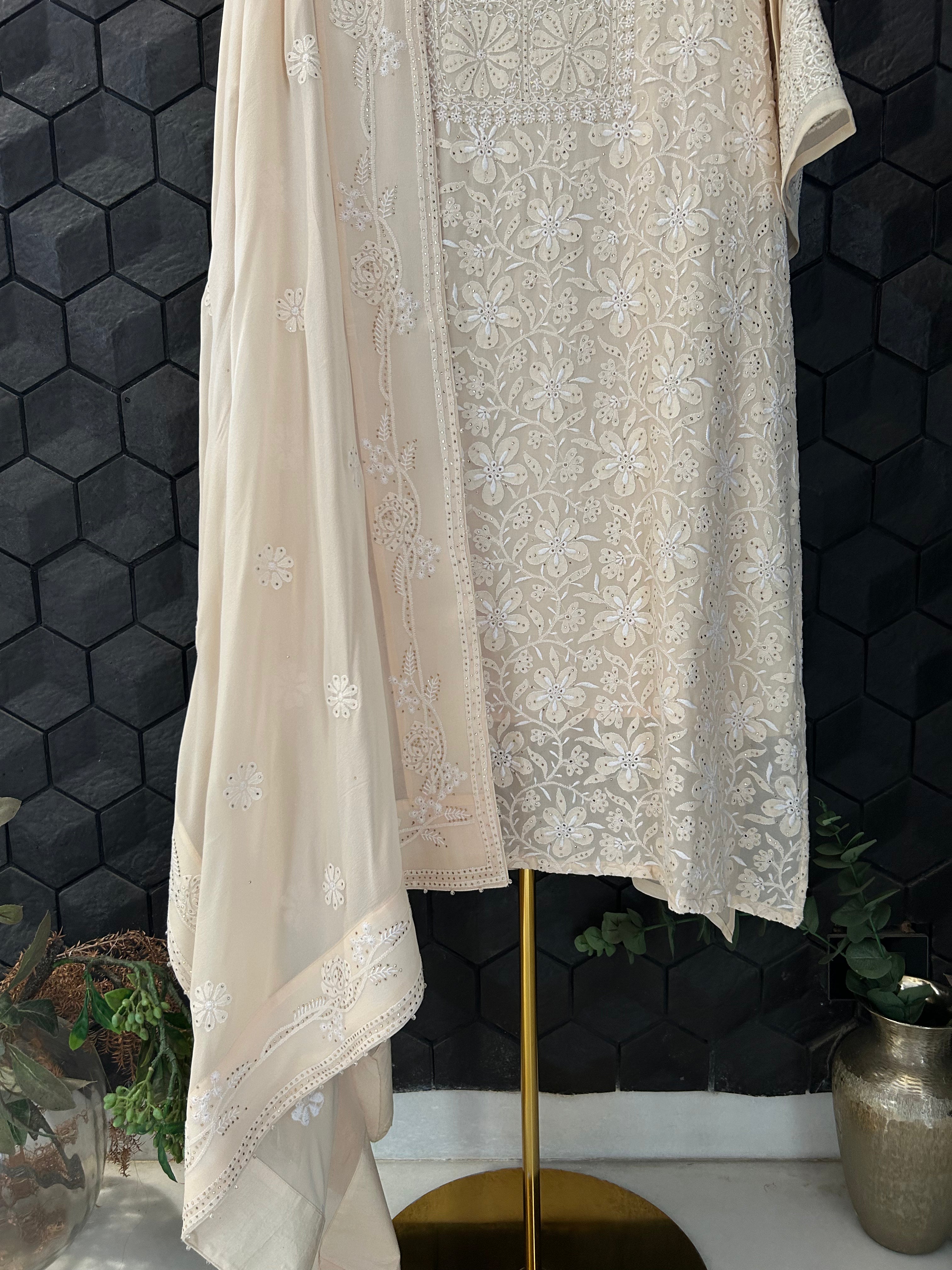 Peach Georgette Chikankari Mukaish Kurta Set