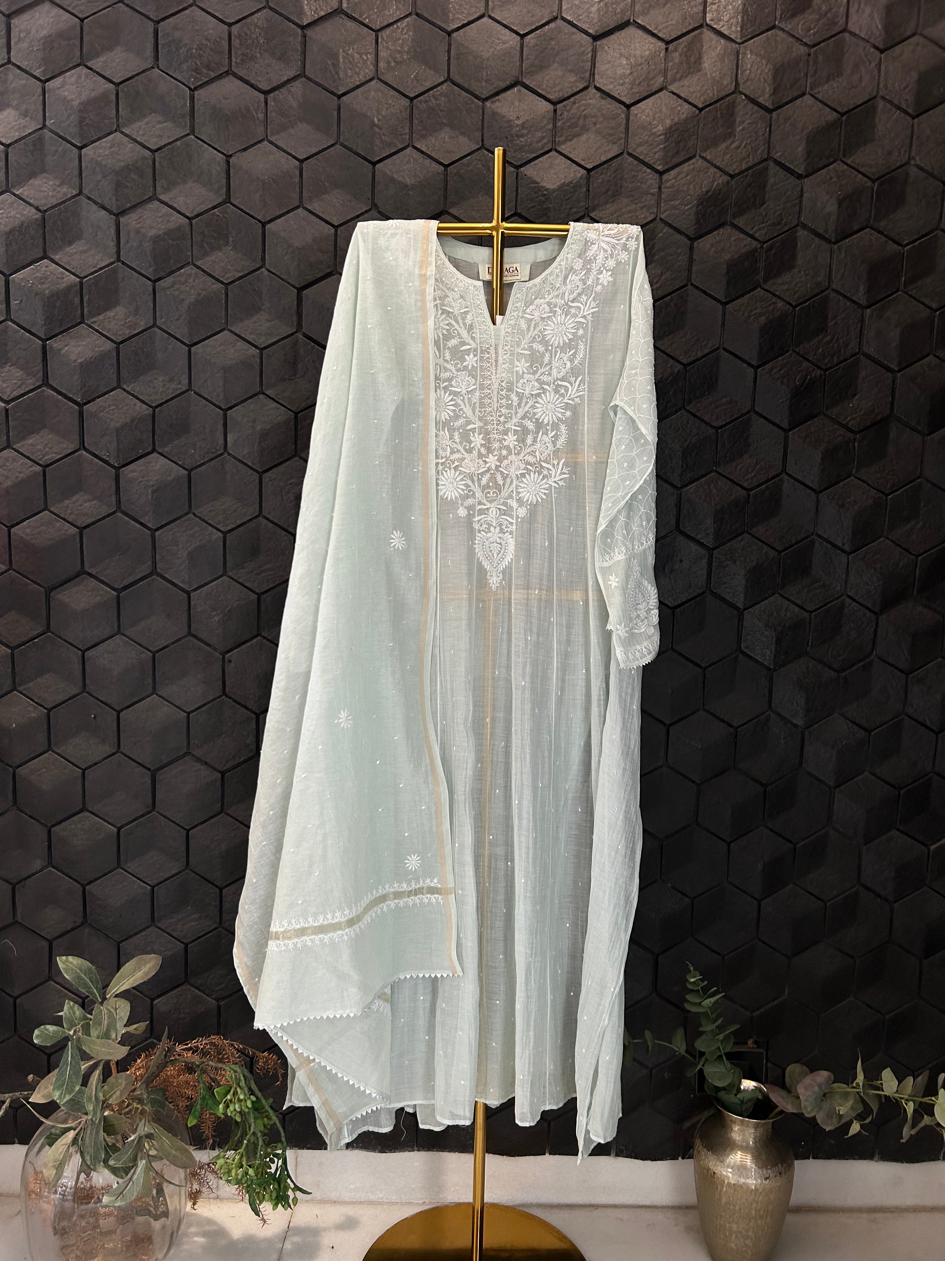 Green Mul Chanderi Chikankari Anarkali Set