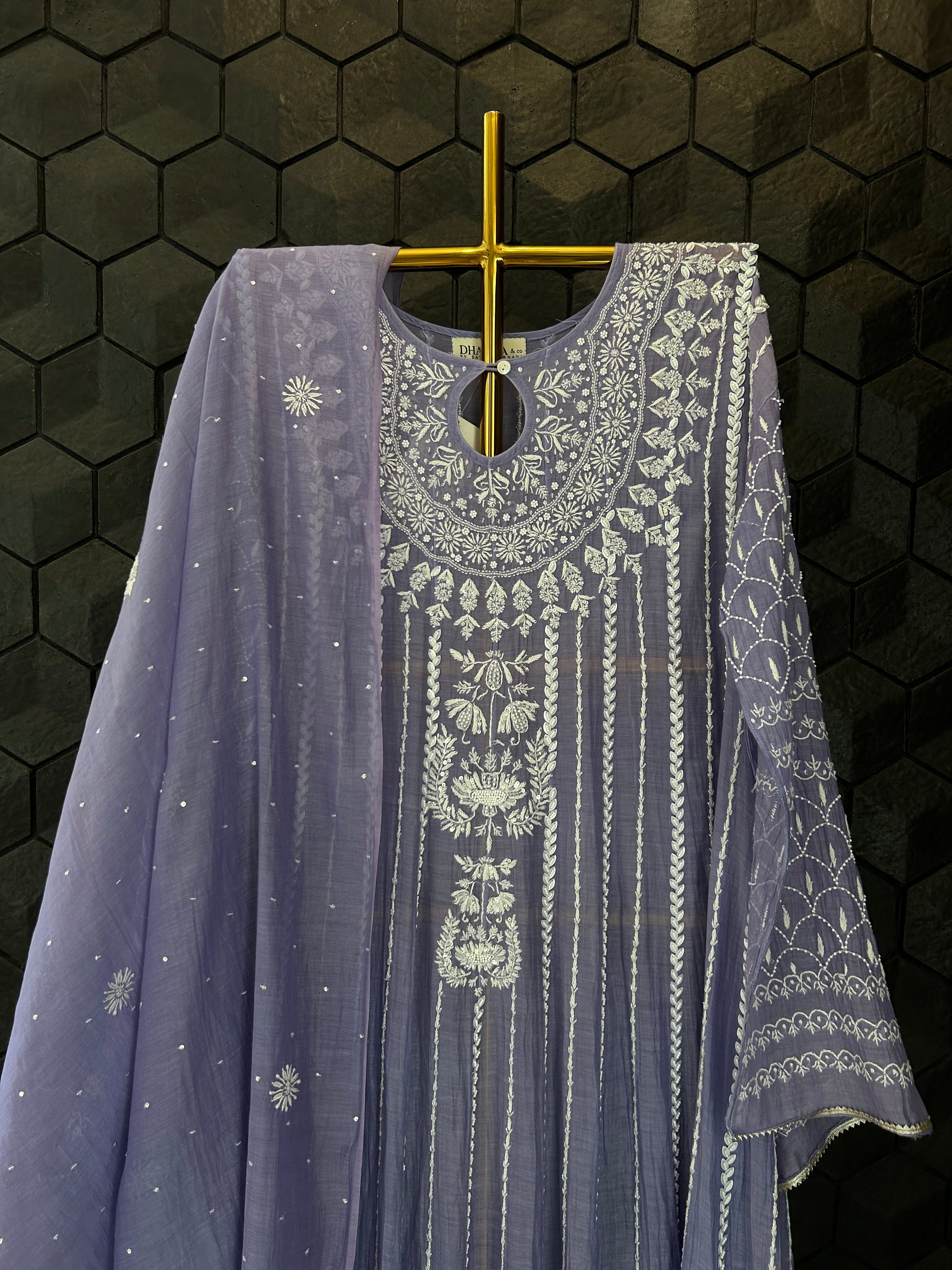 Purple Mul Chanderi Chikankari Anarkali Set