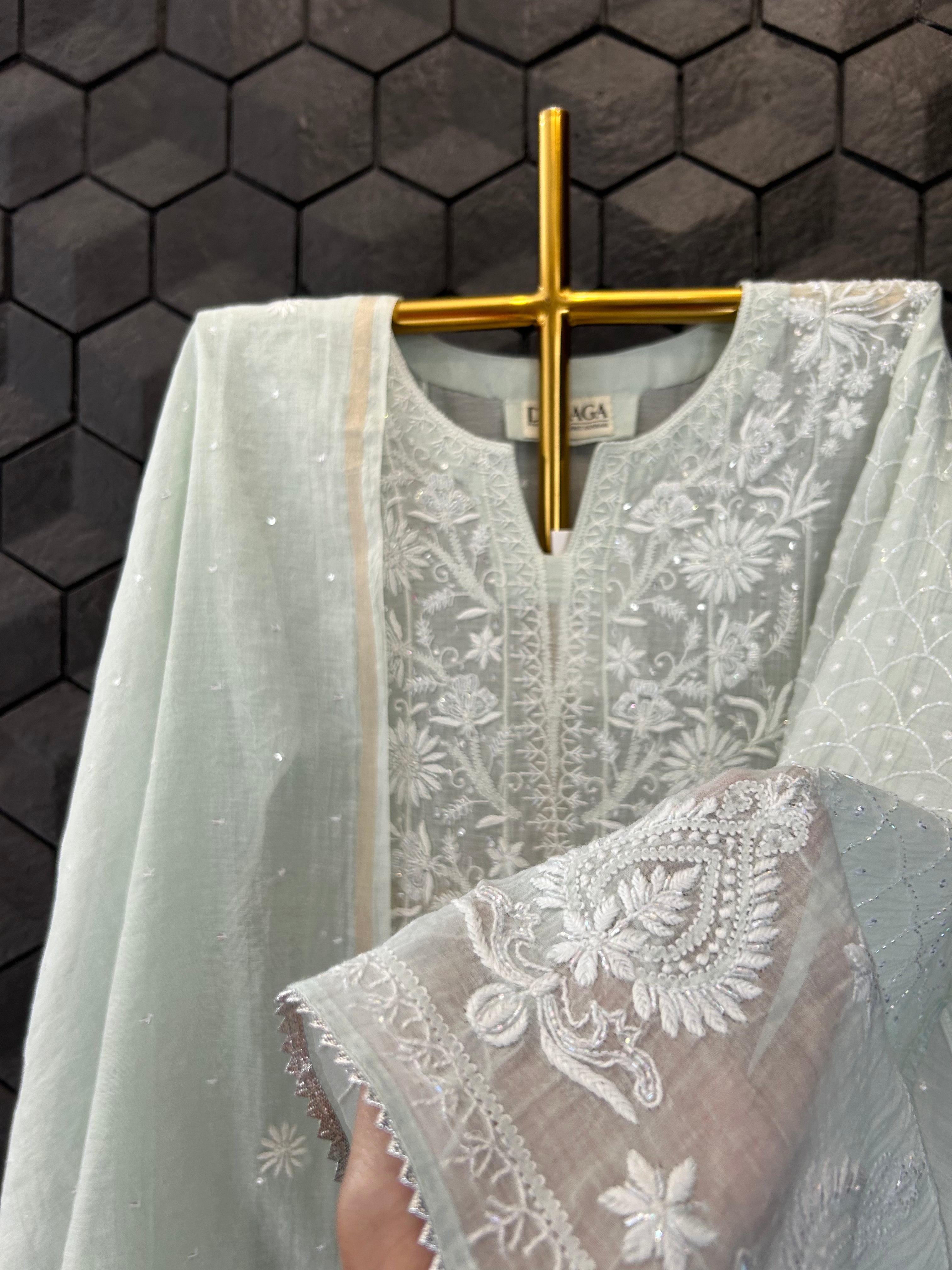 Green Mul Chanderi Chikankari Anarkali Set